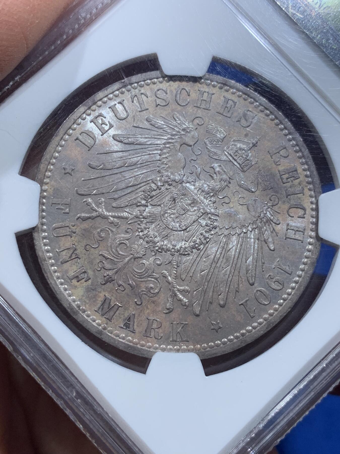 《竞宝斋》第342场 周日，周一，2场连拍 （全场包邮） NGC MS64 德国普鲁士1901年建国 5马克银币 PL底板 N老标签