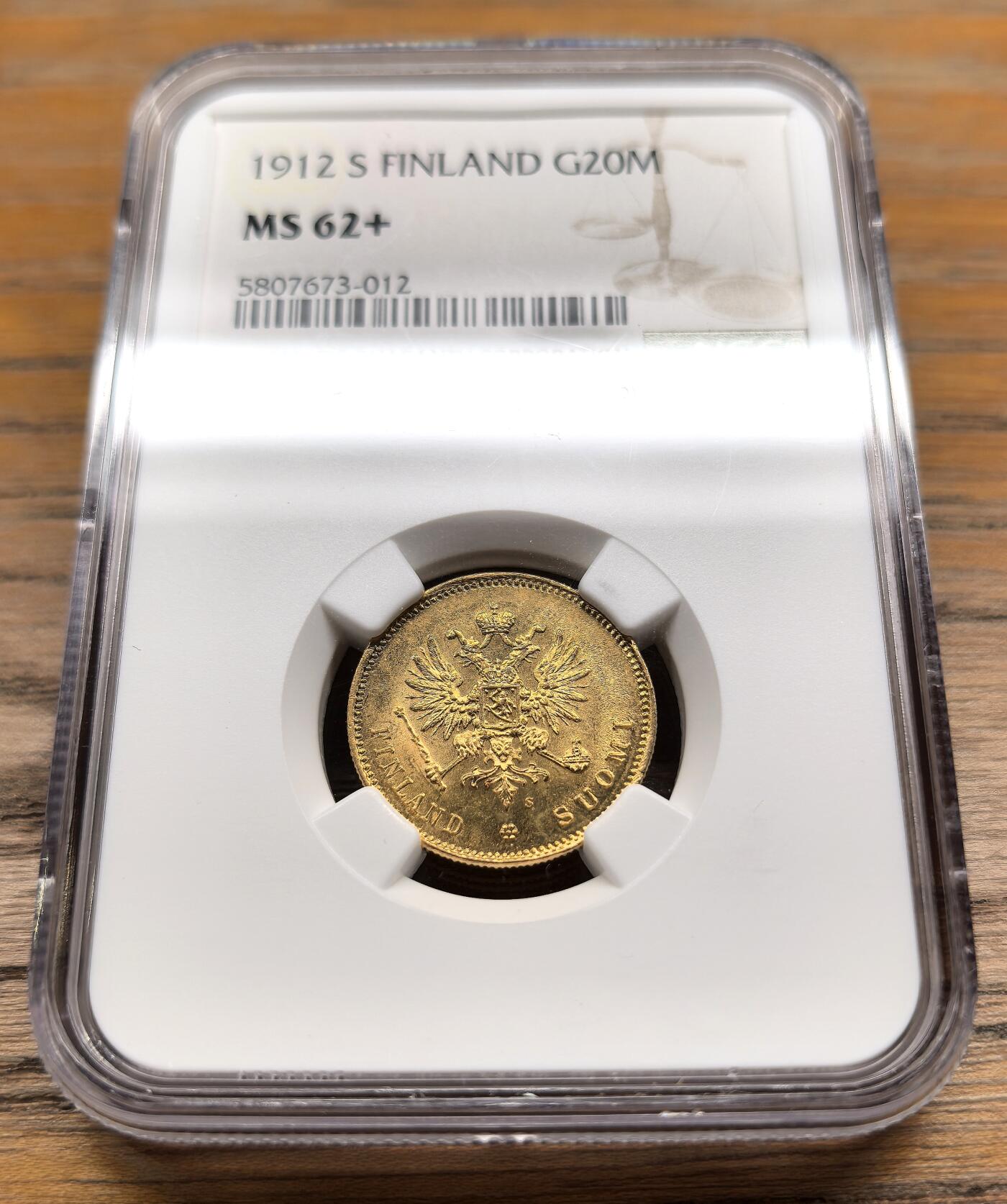 凡希社世界钱币微拍第二百九十四期 1912俄占芬兰20马克金币NGC-MS62+，6.45g，900金