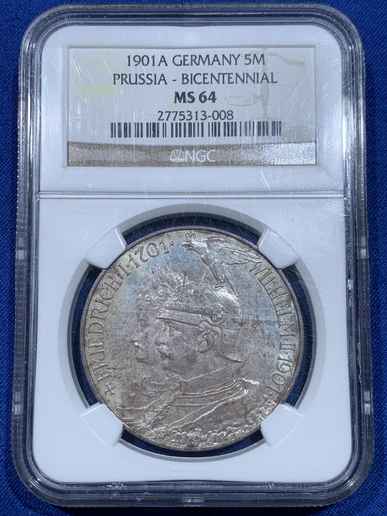 《竞宝斋》第342场 周日，周一，2场连拍 （全场包邮） NGC MS64 德国普鲁士1901年建国 5马克银币 PL底板 N老标签