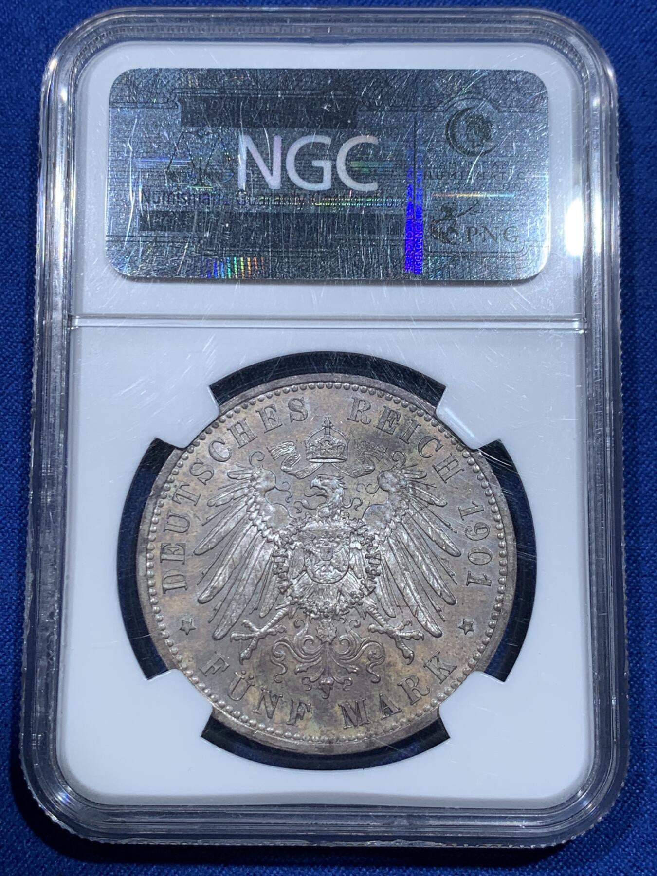 《竞宝斋》第342场 周日，周一，2场连拍 （全场包邮） NGC MS64 德国普鲁士1901年建国 5马克银币 PL底板 N老标签