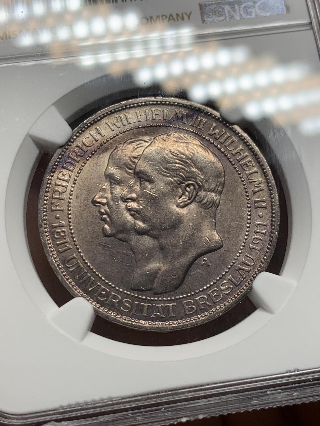 《竞宝斋》第342场 周日，周一，2场连拍 （全场包邮） NGC UNCD 德国1911年普鲁士布雷斯劳大学3马克银币
