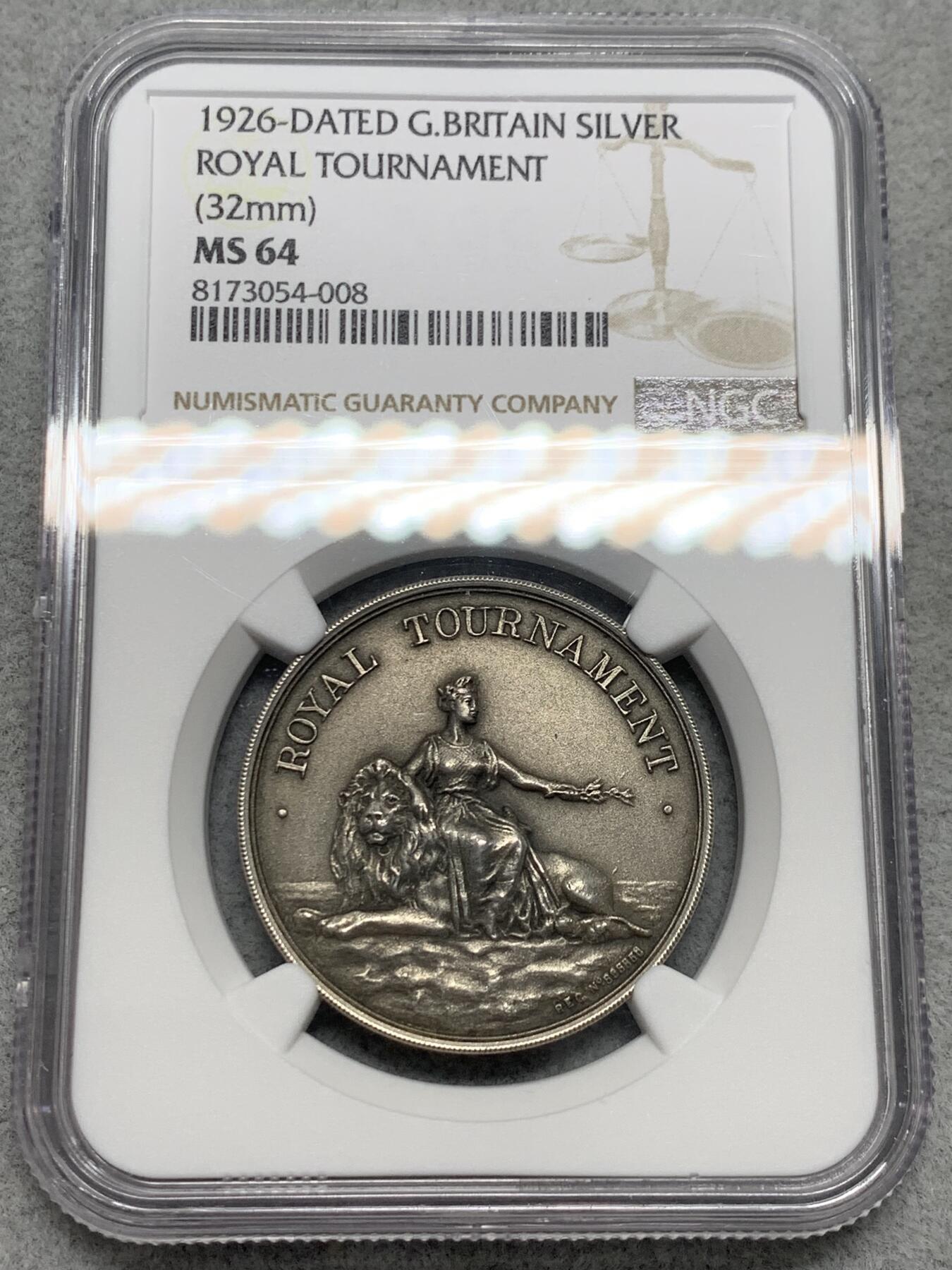 《竞宝斋》第342场 周日，周一，2场连拍 （全场包邮） NGC MS64 英国1926年皇家海军竞赛银章，直径32.5mm，重15.3克。