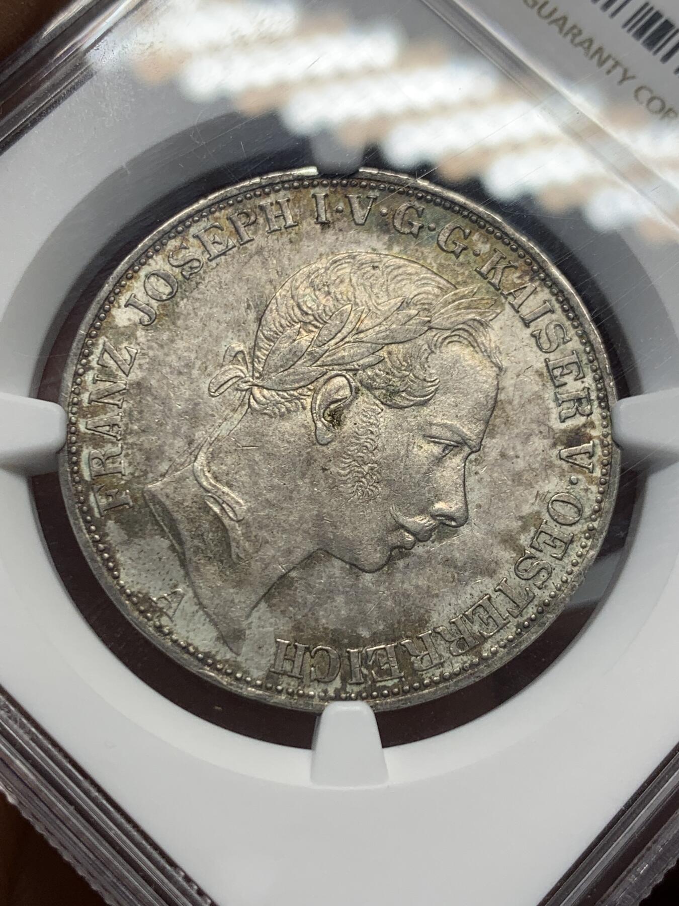 《竞宝斋》第342场 周日，周一，2场连拍 （全场包邮） NGC MS62 奥地利1857年弗朗茨一世双头鹰1泰勒银币，状态不错