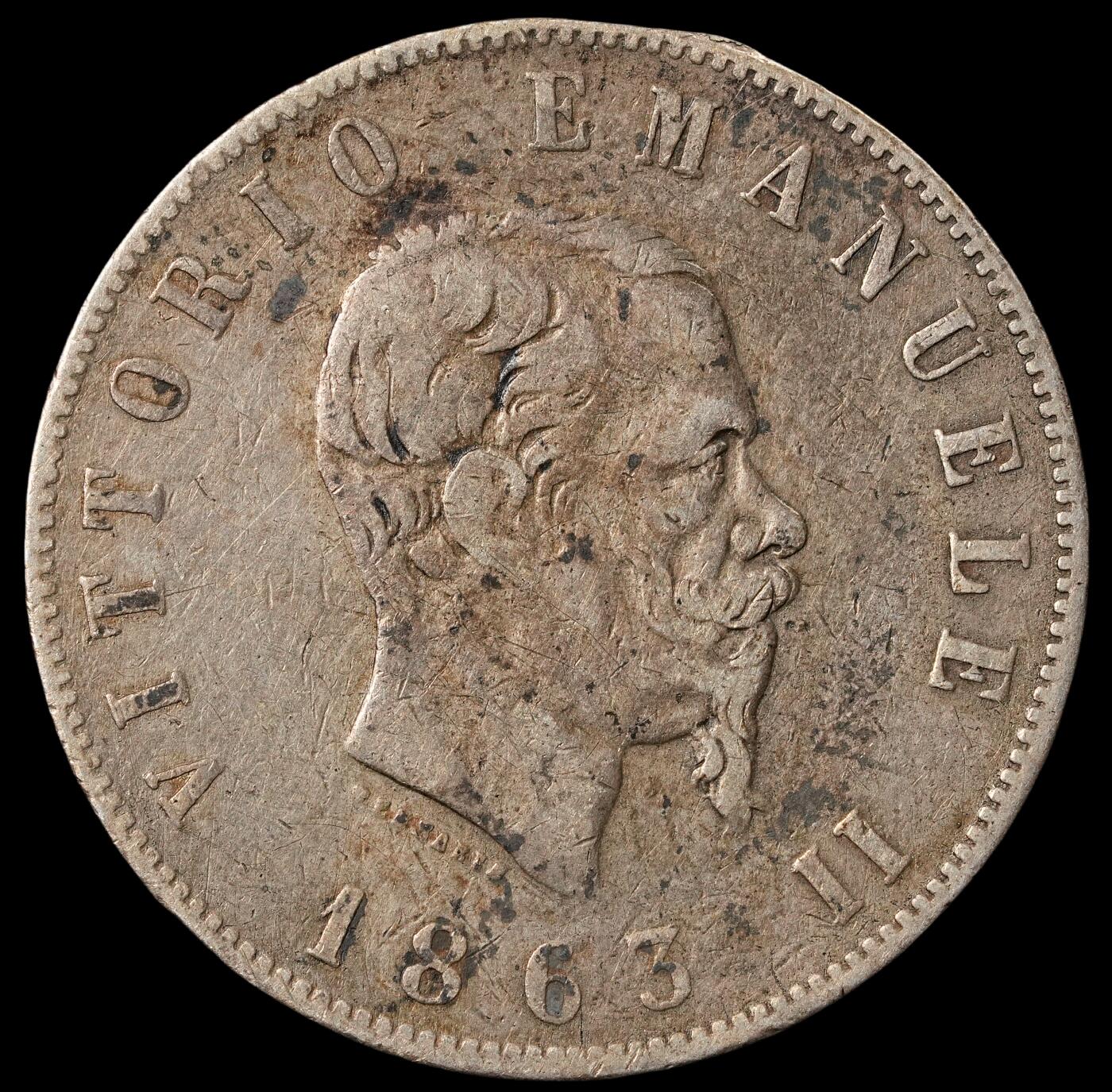 修遠堂世界钱币第五十二期 全场包邮 1863年意大利2里拉银币 9.79g