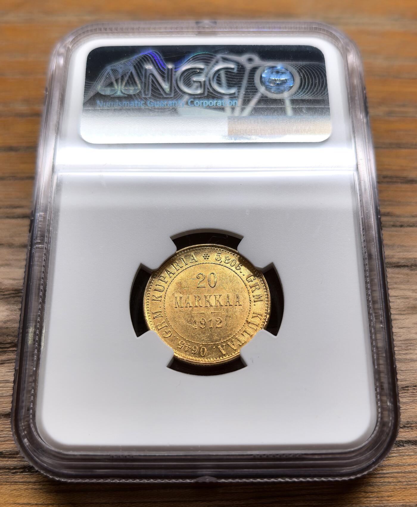 凡希社世界钱币微拍第二百九十四期 1912俄占芬兰20马克金币NGC-MS62+，6.45g，900金
