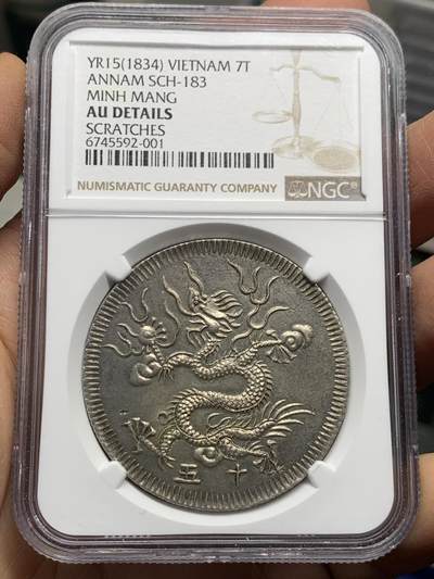 《竞宝斋》第342场 周日，周一，2场连拍 （全场包邮） - NGC-AU 安南1834明命十五年大飞龙七钱 自然原味包浆  龙鳞锋利  状态不错 细节见图