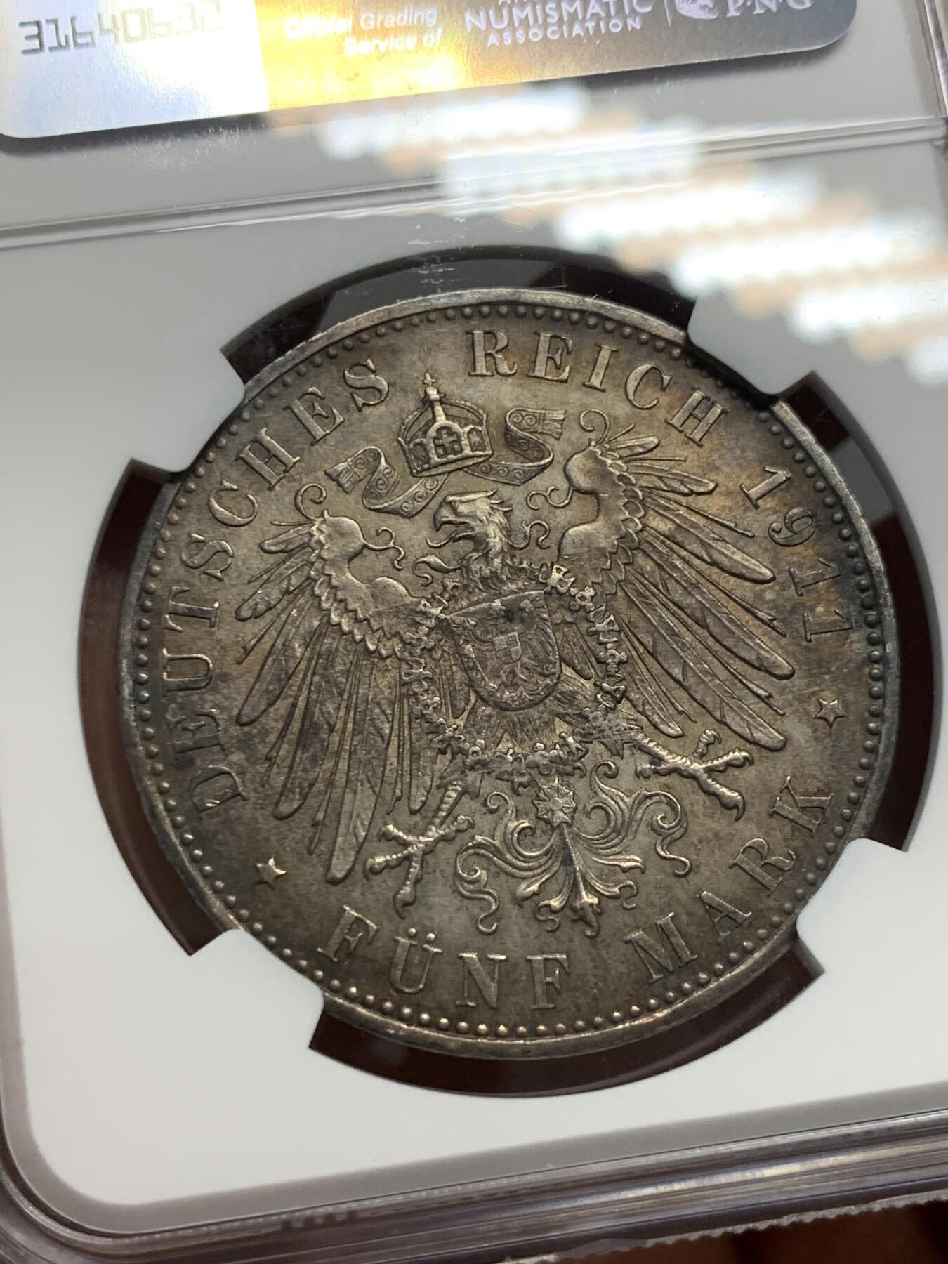 《竞宝斋》第342场 周日，周一，2场连拍 （全场包邮） NGC MS61 德国1911年巴伐利亚利奥波德5马克银币