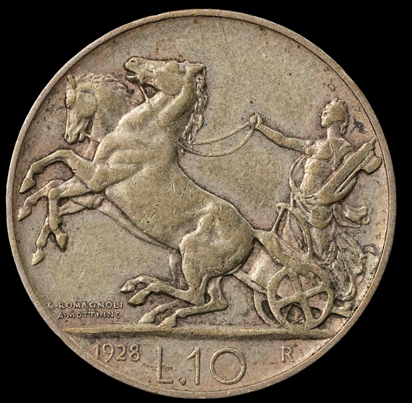 修遠堂世界钱币第五十二期 全场包邮 1928年意大利马车10里拉银币 10g 边一磕