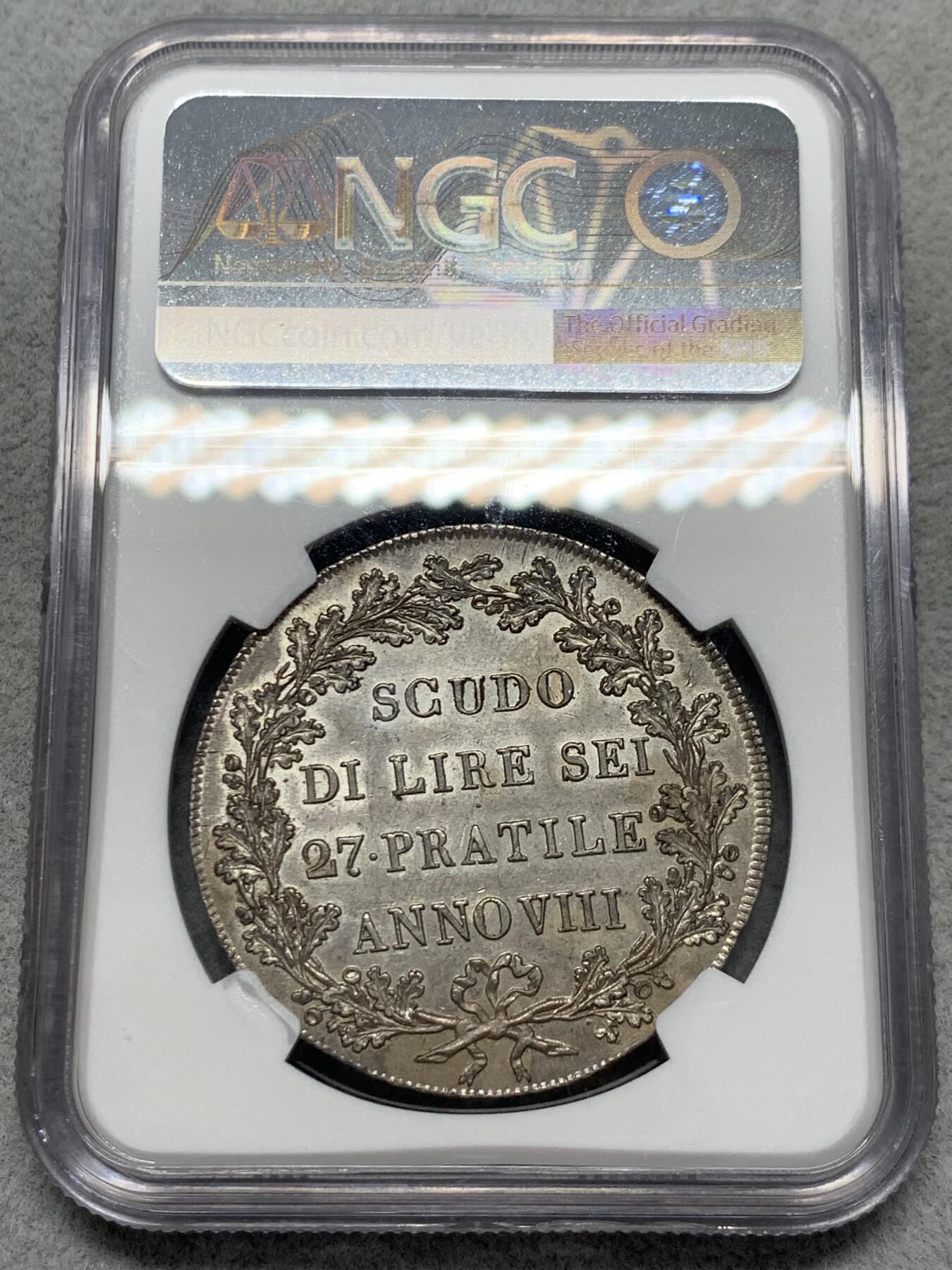 《竞宝斋》第342场 周日，周一，2场连拍 （全场包邮） NGC MS62 意大利山南共和国1800年Scudo大银币 纪念拿破仑大军征服意大利北部 两个神话人物分别代表法国和山南 币面呈均匀蓝灰色包浆 细节锐利 名誉品 底板PL光泽