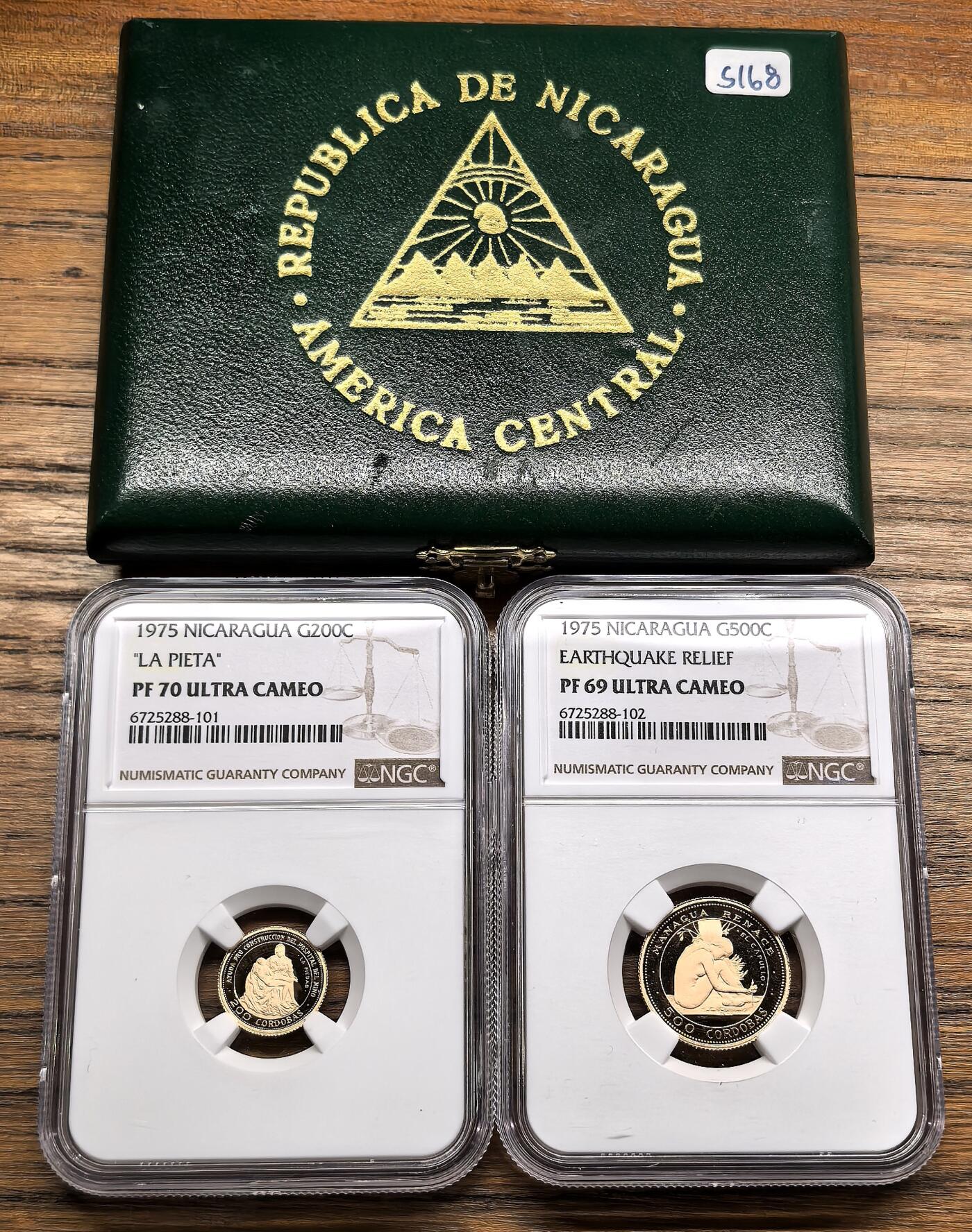 凡希社世界钱币微拍第二百九十四期 1975尼加拉瓜200/500G金币两枚套PS，NGC-PF70/69DCAM，2.1g/5.4g，900金。