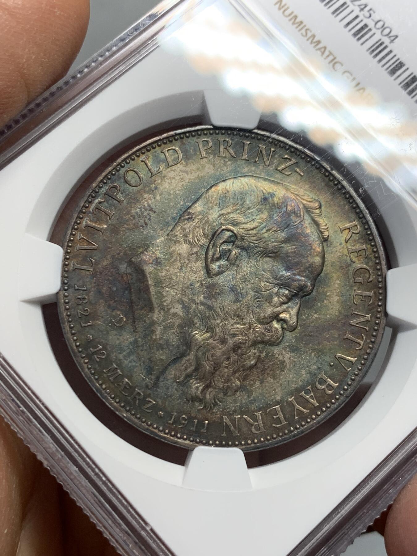 《竞宝斋》第342场 周日，周一，2场连拍 （全场包邮） NGC MS61 德国1911年巴伐利亚利奥波德5马克银币