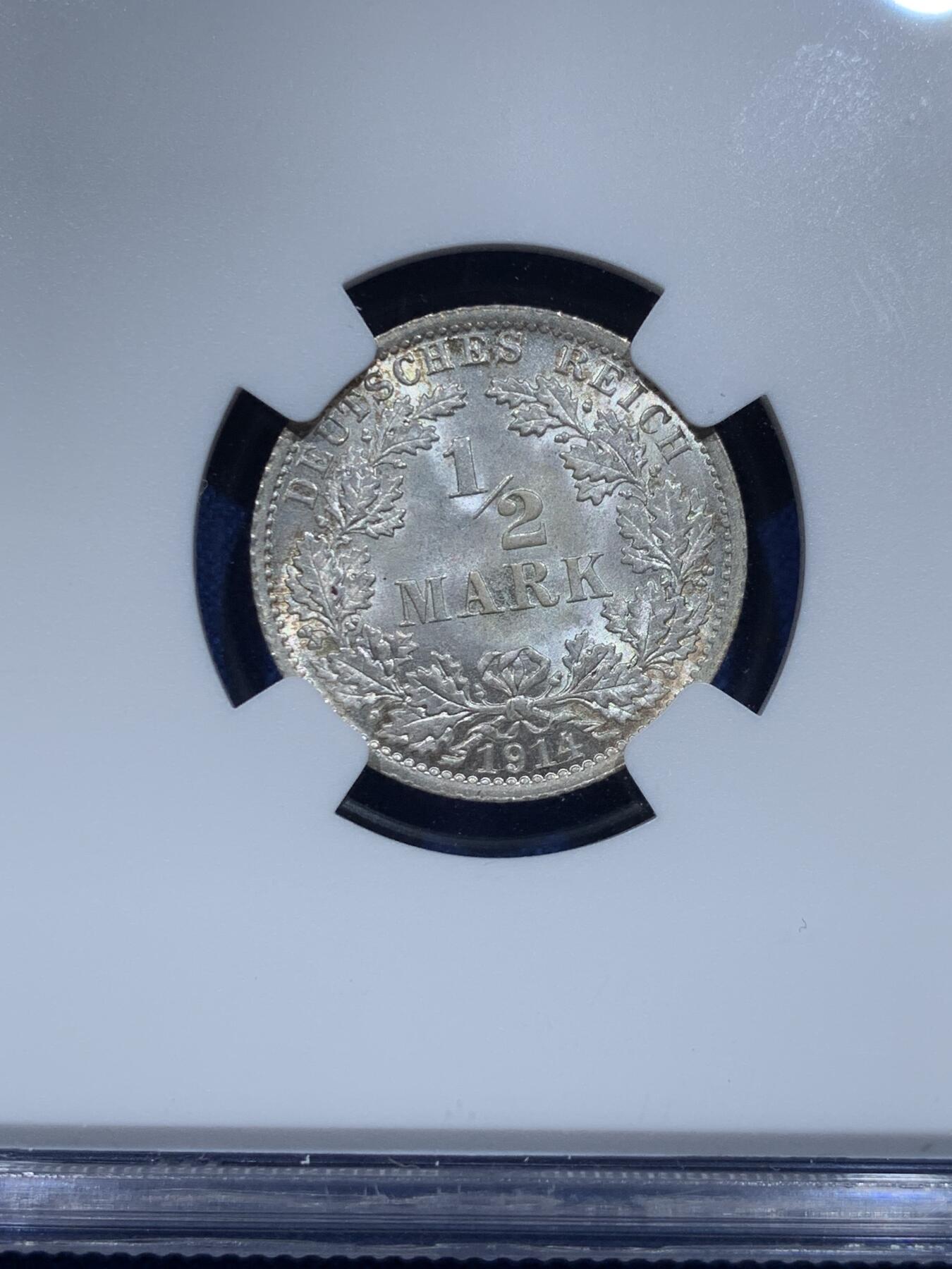 《竞宝斋》第342场 周日，周一，2场连拍 （全场包邮） NGC MS64 德国1914年A厂鹰徽1/2马克银币