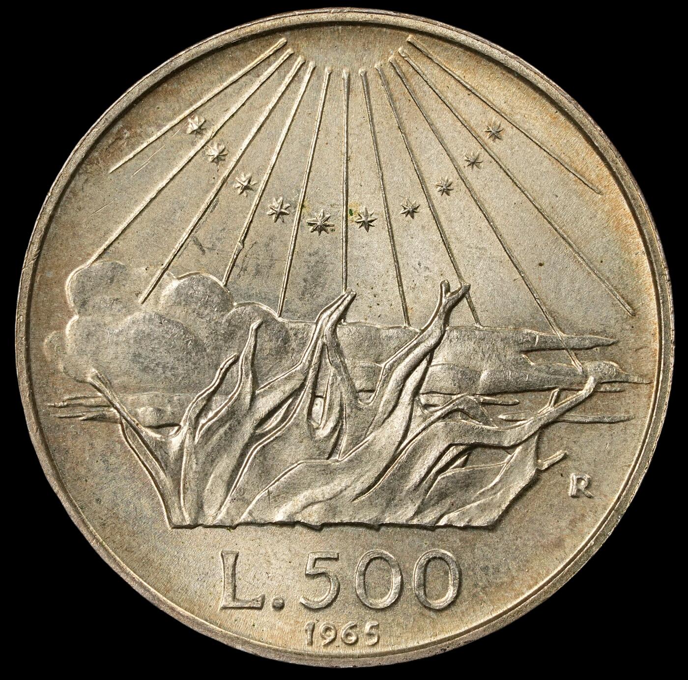 修遠堂世界钱币第五十二期 全场包邮 UNC 1965年意大利500里拉银币 11g