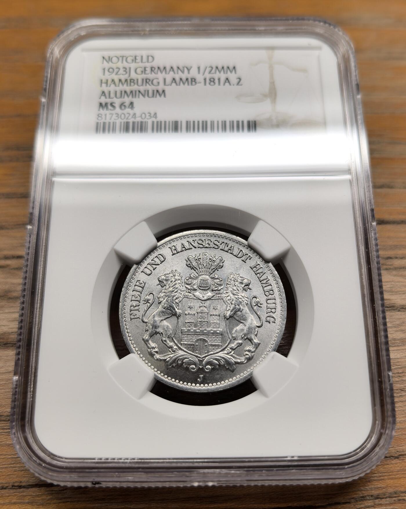 凡希社世界钱币微拍第二百九十四期 1923J德紧汉堡50万马克铝币NGC-MS64