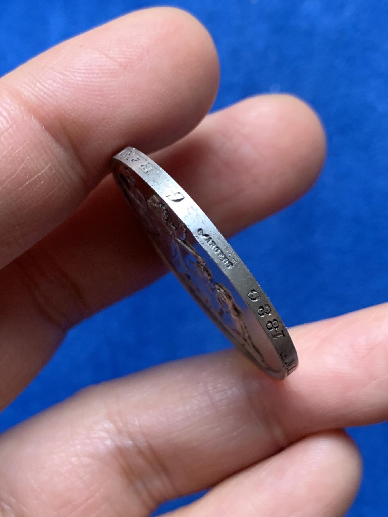 《竞宝斋》第342场 周日，周一，2场连拍 （全场包邮） 法国1880婚礼银章 33.7mm 直径挺大的 16.3克 烟斗argent边铭银标 背面刻花 边缘带刻字