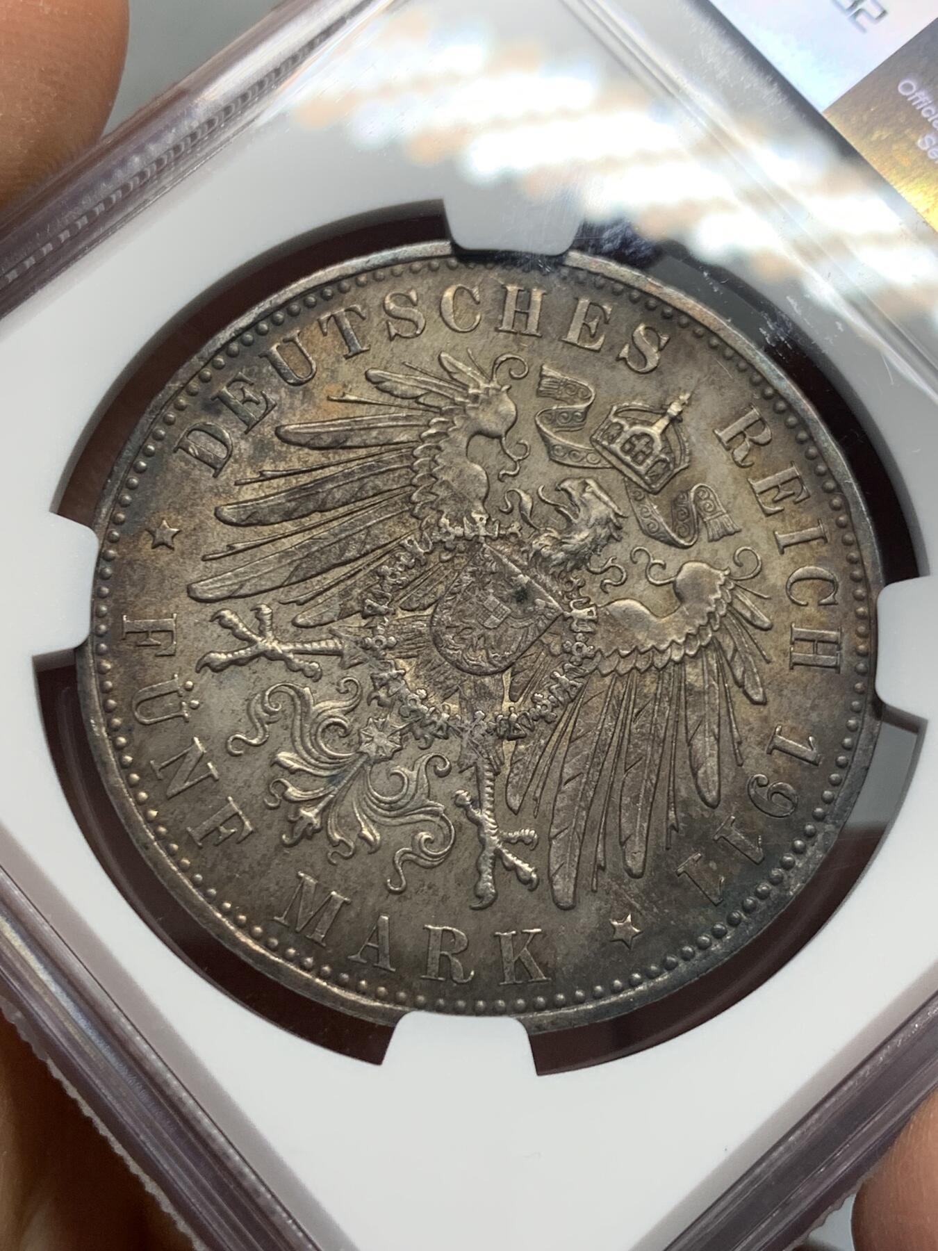 《竞宝斋》第342场 周日，周一，2场连拍 （全场包邮） NGC MS61 德国1911年巴伐利亚利奥波德5马克银币