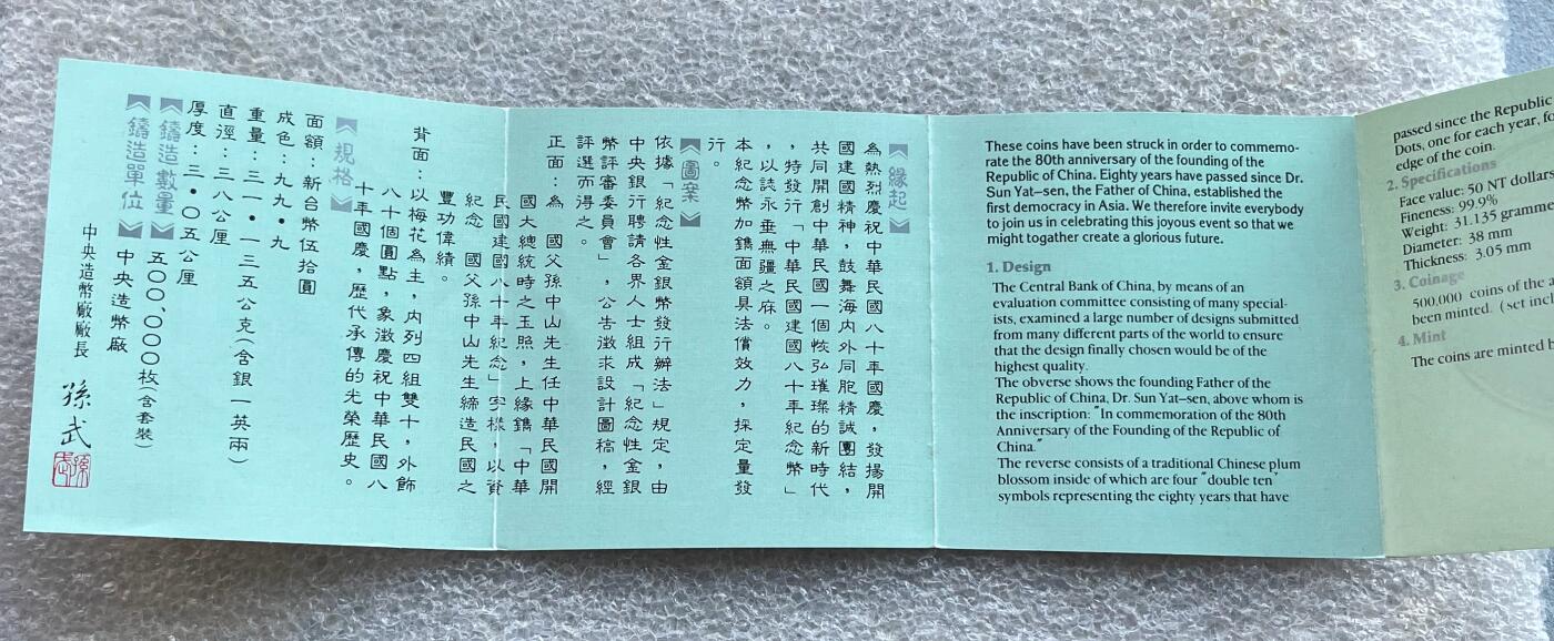 澳门钞、老台币、直布罗陀样钞、英国查尔斯国王新版英镑纸币首发冠千位号，台湾宝星奖章、联勤荣誉纪念章，韩国/哈萨克斯坦套币纪念币，图瓦卢/台湾生肖银币、陈水扁入职银币、台湾精制套币等。彼得堡世界钱币勋章拍卖第117期 中国台湾1991年50元精制纪念银币，民国八十周年纪念、一盎司纯银，原盒证。全套还有两枚金币已取出