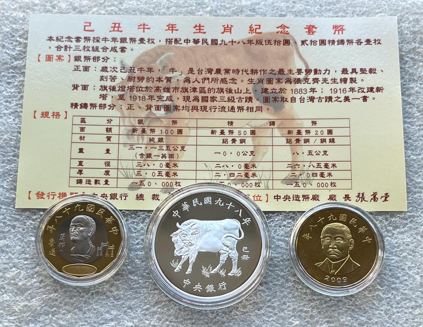 澳门钞、老台币、直布罗陀样钞、英国查尔斯国王新版英镑纸币首发冠千位号，台湾宝星奖章、联勤荣誉纪念章，韩国/哈萨克斯坦套币纪念币，图瓦卢/台湾生肖银币、陈水扁入职银币、台湾精制套币等。彼得堡世界钱币勋章拍卖第117期 中国台湾2009年精制套币，含生肖牛年100元精制银币、一盎司纯银。民国98年，原盒证