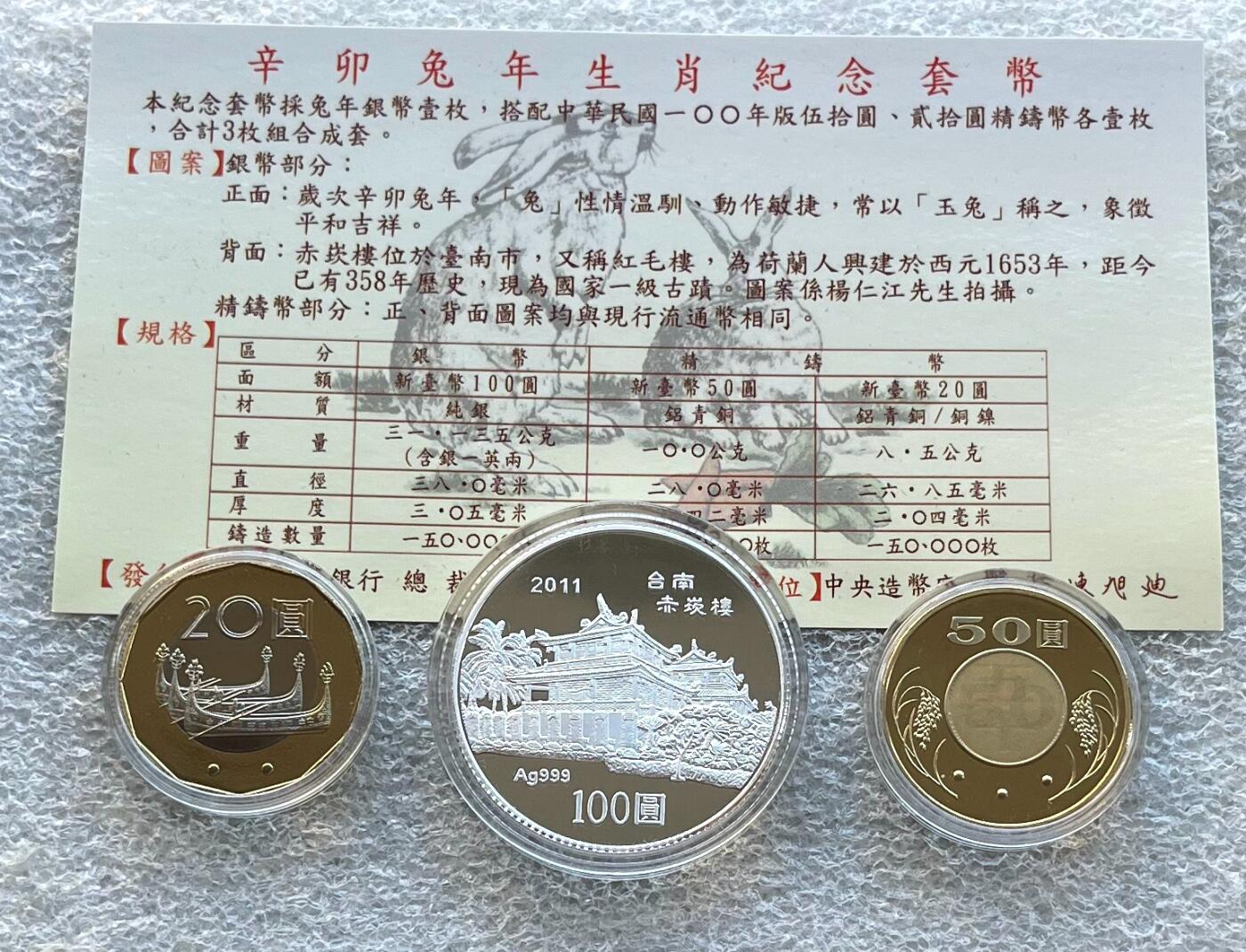 澳门钞、老台币、直布罗陀样钞、英国查尔斯国王新版英镑纸币首发冠千位号，台湾宝星奖章、联勤荣誉纪念章，韩国/哈萨克斯坦套币纪念币，图瓦卢/台湾生肖银币、陈水扁入职银币、台湾精制套币等。彼得堡世界钱币勋章拍卖第117期 中国台湾2011年精制套币，含生肖兔年100元精制银币、一盎司纯银。民国百年，原盒证