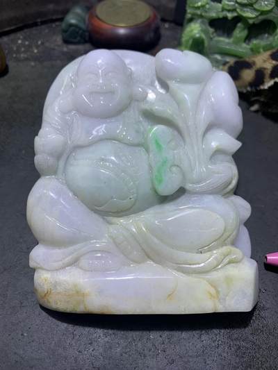 天然A货翡翠糯种飘花雕刻弥勒佛牌子摆件一个！ - 天然A货翡翠糯种飘花雕刻弥勒佛牌子摆件一个！