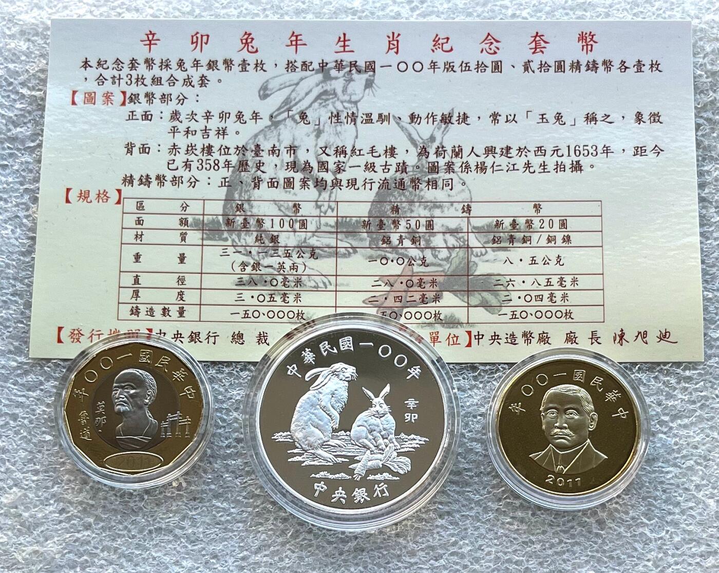 澳门钞、老台币、直布罗陀样钞、英国查尔斯国王新版英镑纸币首发冠千位号，台湾宝星奖章、联勤荣誉纪念章，韩国/哈萨克斯坦套币纪念币，图瓦卢/台湾生肖银币、陈水扁入职银币、台湾精制套币等。彼得堡世界钱币勋章拍卖第117期 中国台湾2011年精制套币，含生肖兔年100元精制银币、一盎司纯银。民国百年，原盒证