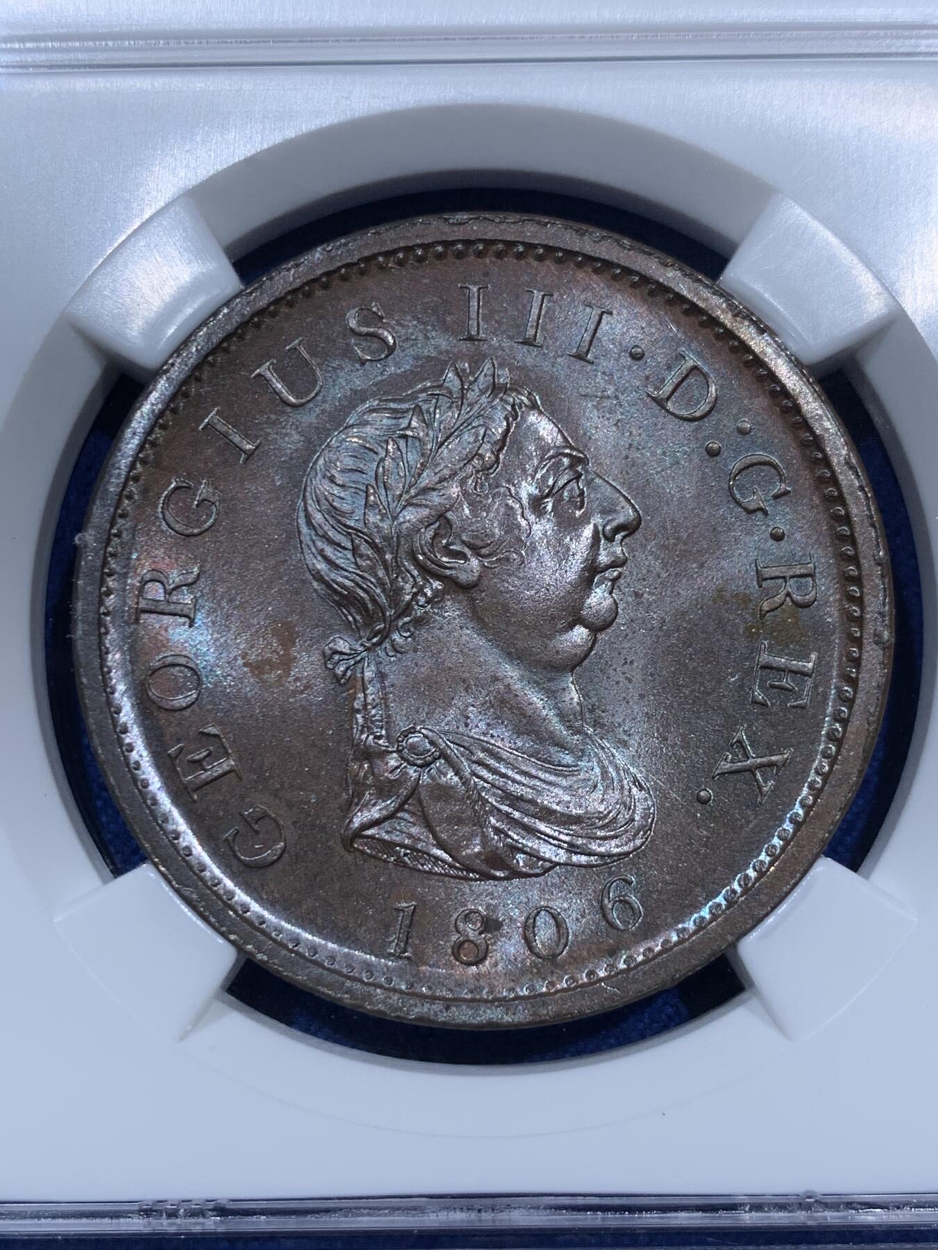 《竞宝斋》第343场 周日，周一，2场连拍 （全场包邮） NGC MS64BN 英国 1806年 乔治三世1便士铜币 （SOHO厂经典出品，老标严评状态顶级，巧克力包浆均匀底板光洁泛蓝紫色光泽）