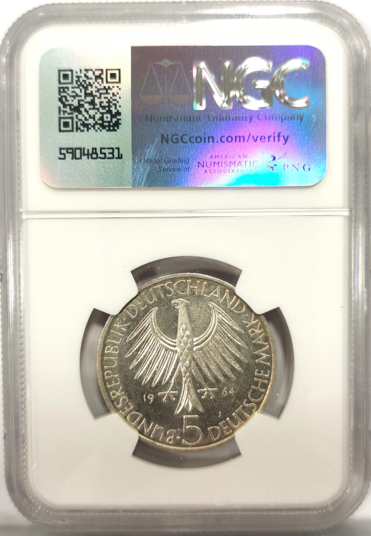 博洋堂世界钱币拍卖第106期（全场包邮） NGC MS64 联邦德国西德1964年费希特逝世150周年5马克纪念银币，西德五大天王之一