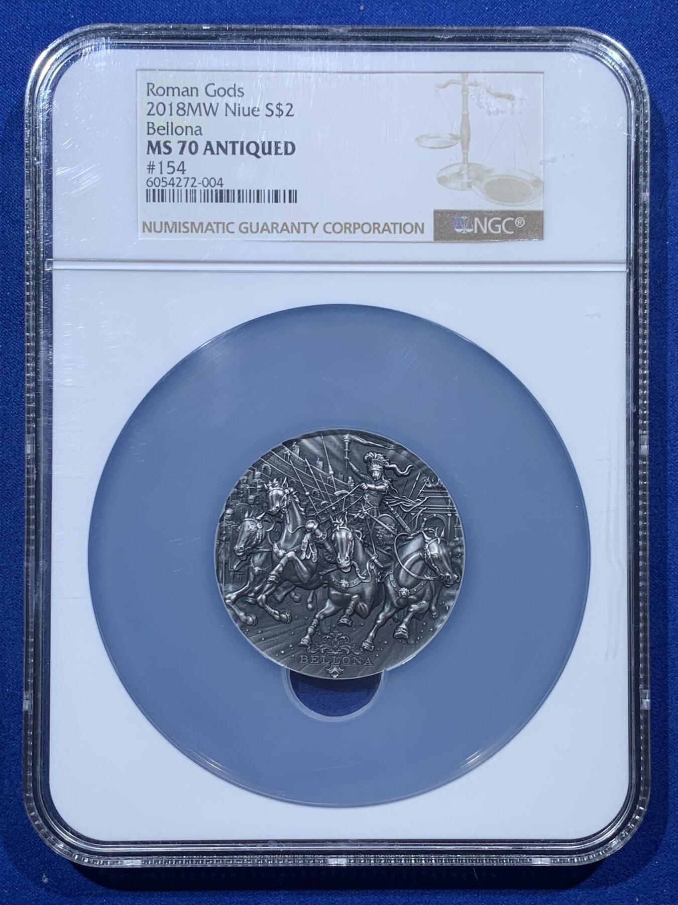 《竞宝斋》第343场 周日，周一，2场连拍 （全场包邮） NGC MS70ANTIQUED 纽埃2018年罗马众神系列—“贝罗娜”女战神，2盎司高浮雕仿古银币，满分70分，盒证齐全
