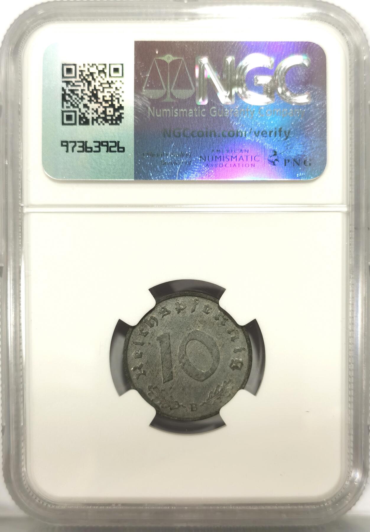 博洋堂世界钱币拍卖第106期（全场包邮） NGC MS62 德国第三帝国1943年B版10芬尼锌币