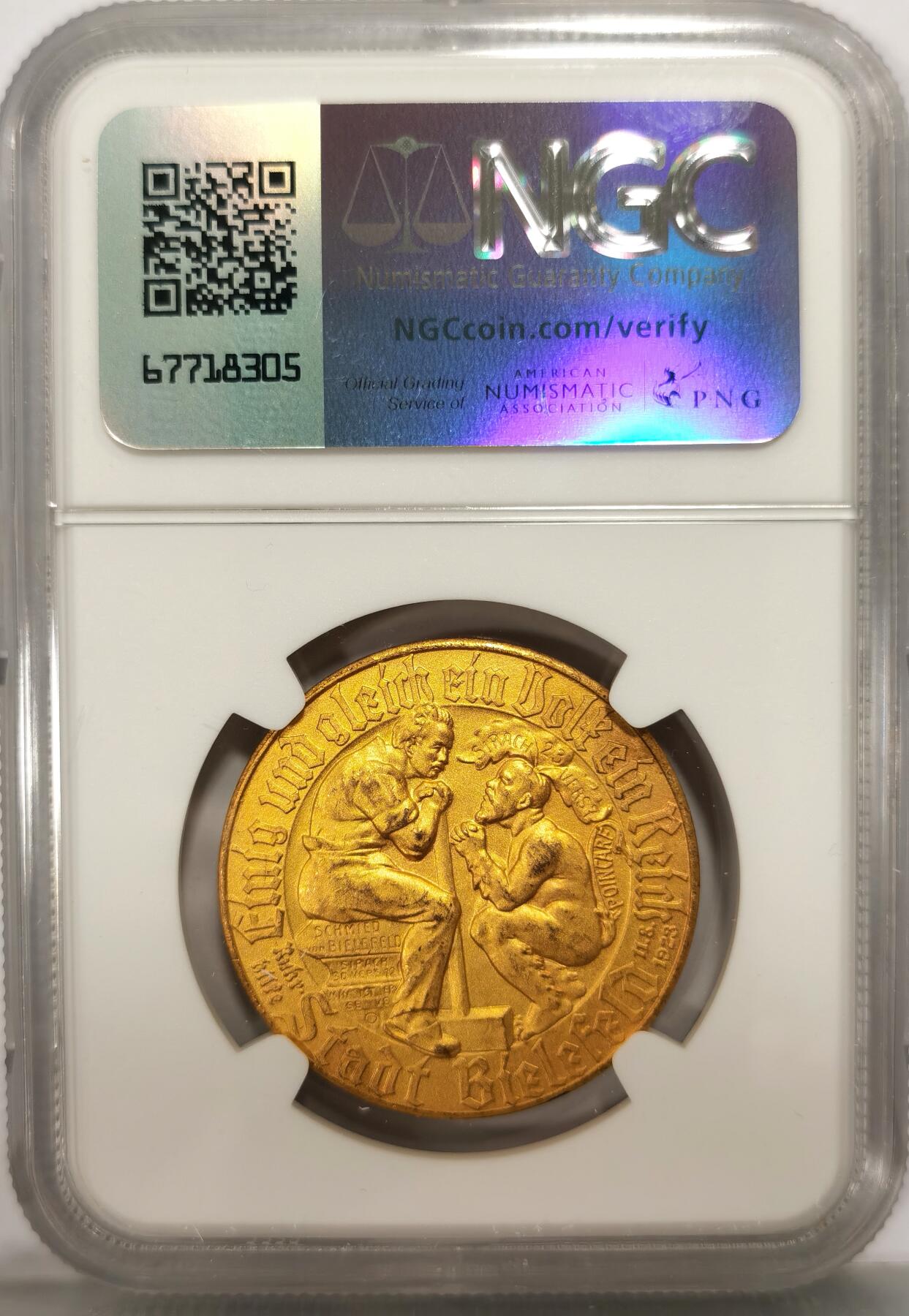 博洋堂世界钱币拍卖第106期（全场包邮） NGC MS64 德国德紧比勒菲尔德1923年1金马克镀金铜币，名誉品种