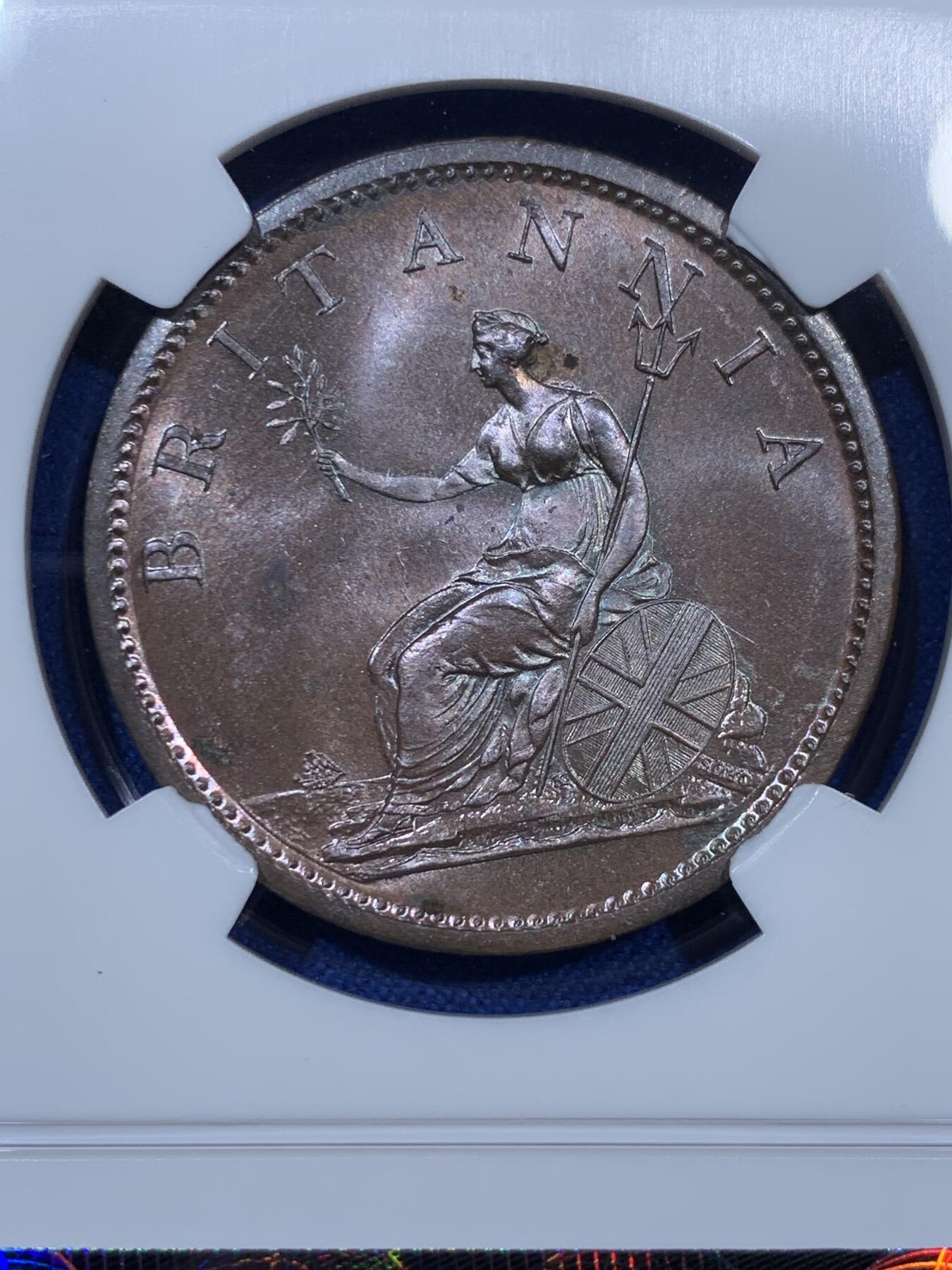 《竞宝斋》第343场 周日，周一，2场连拍 （全场包邮） NGC MS64BN 英国 1806年 乔治三世1便士铜币 （SOHO厂经典出品，老标严评状态顶级，巧克力包浆均匀底板光洁泛蓝紫色光泽）
