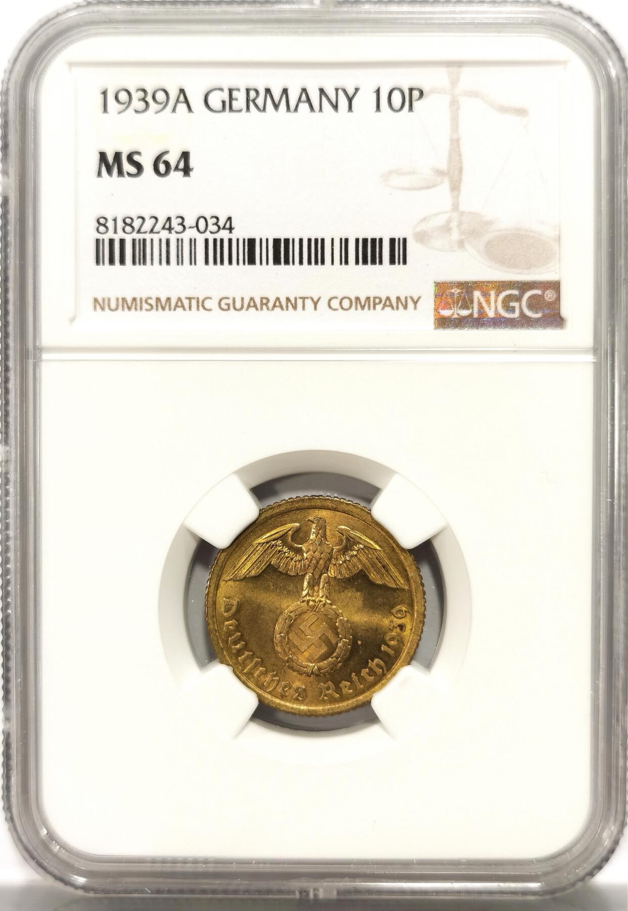 博洋堂世界钱币拍卖第106期（全场包邮） NGC MS64 德国第三帝国1939年A版10芬尼铜币