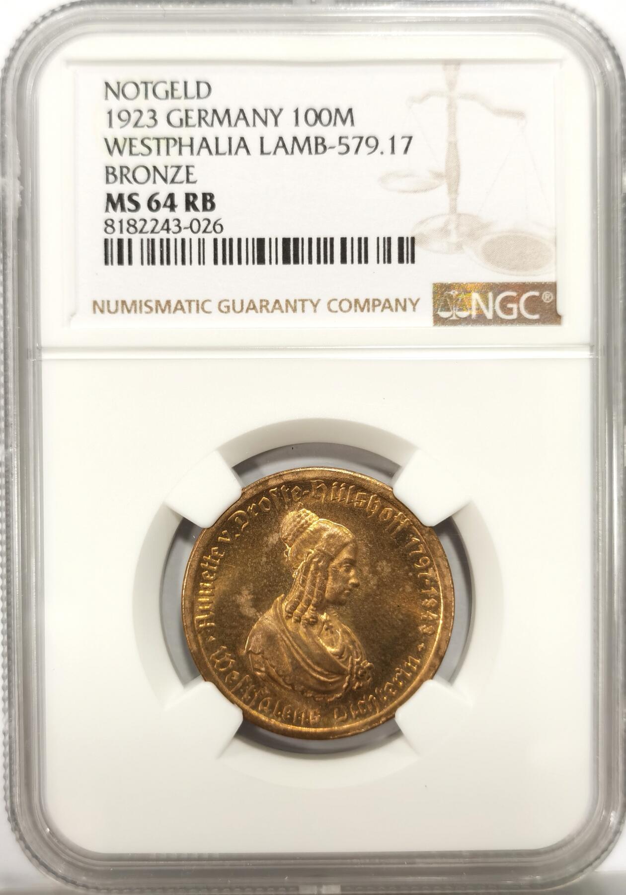 博洋堂世界钱币拍卖第106期（全场包邮） NGC MS64RB 德国德紧威斯特伐利亚1923年马币女诗人头像100马克铜币
