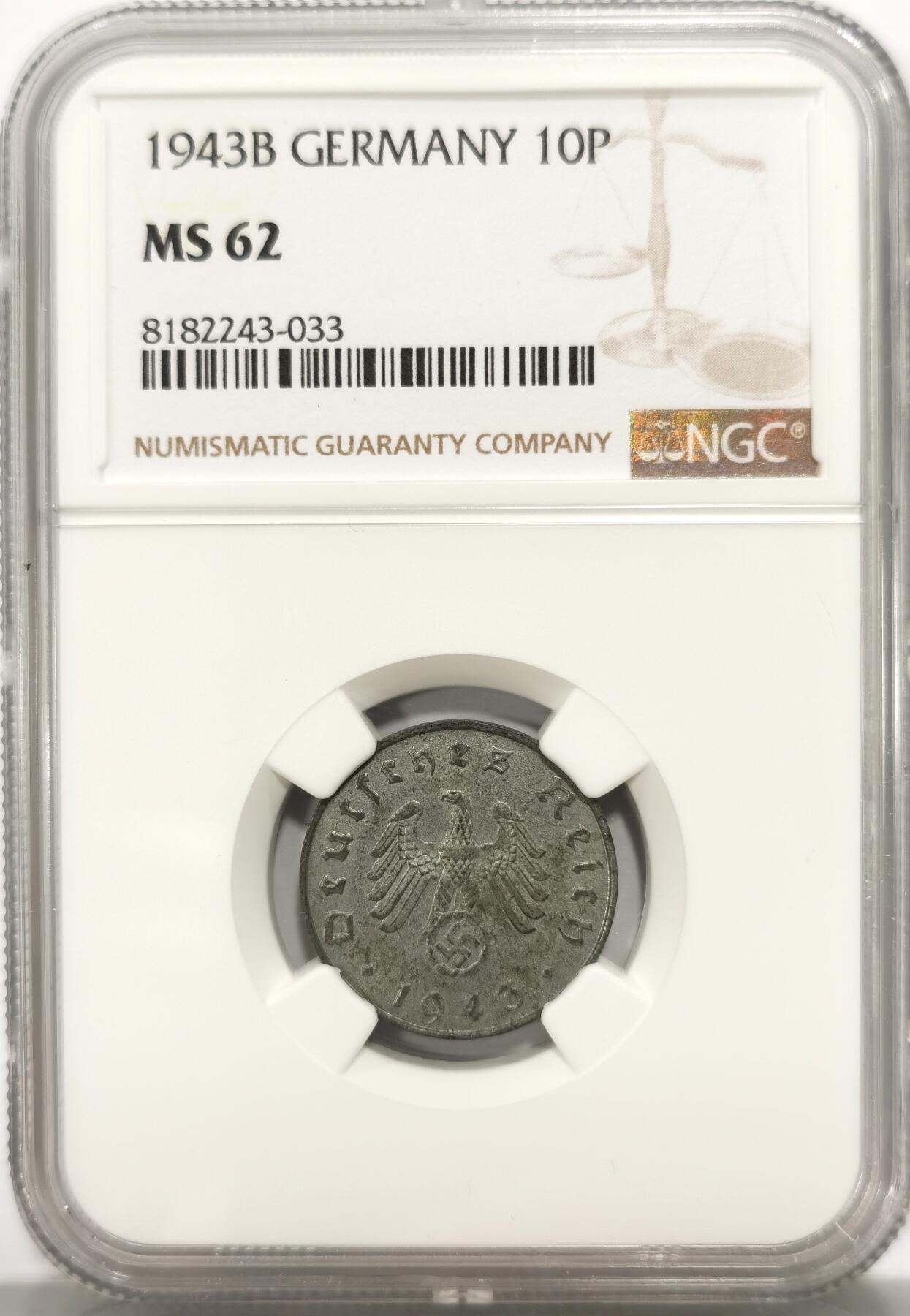 博洋堂世界钱币拍卖第106期（全场包邮） NGC MS62 德国第三帝国1943年B版10芬尼锌币