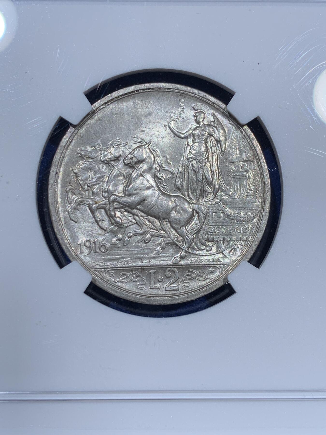 《竞宝斋》第343场 周日，周一，2场连拍 （全场包邮） NGC MS64 意大利1916年埃马努埃莱三世马车2里拉银币 经典意大利马车设计