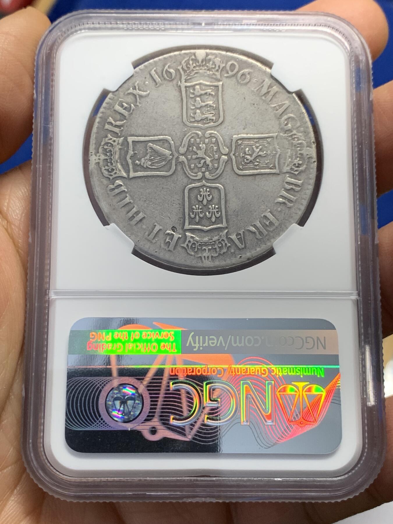 《竞宝斋》第343场 周日，周一，2场连拍 （全场包邮） NGC VF30 英国1696年威廉三世克朗大银币，300多年的英国币。
