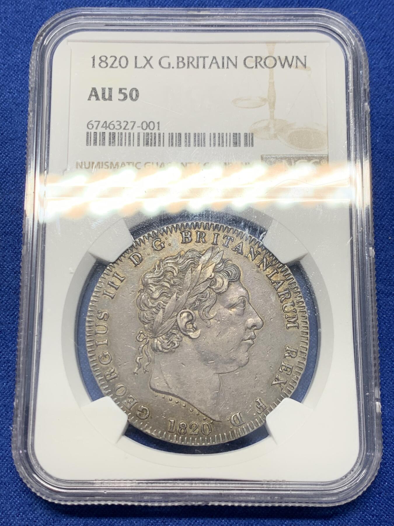 《竞宝斋》第343场 周日，周一，2场连拍 （全场包邮） NGC AU50 英国1820年乔治三世克朗银币，英伦老包浆。