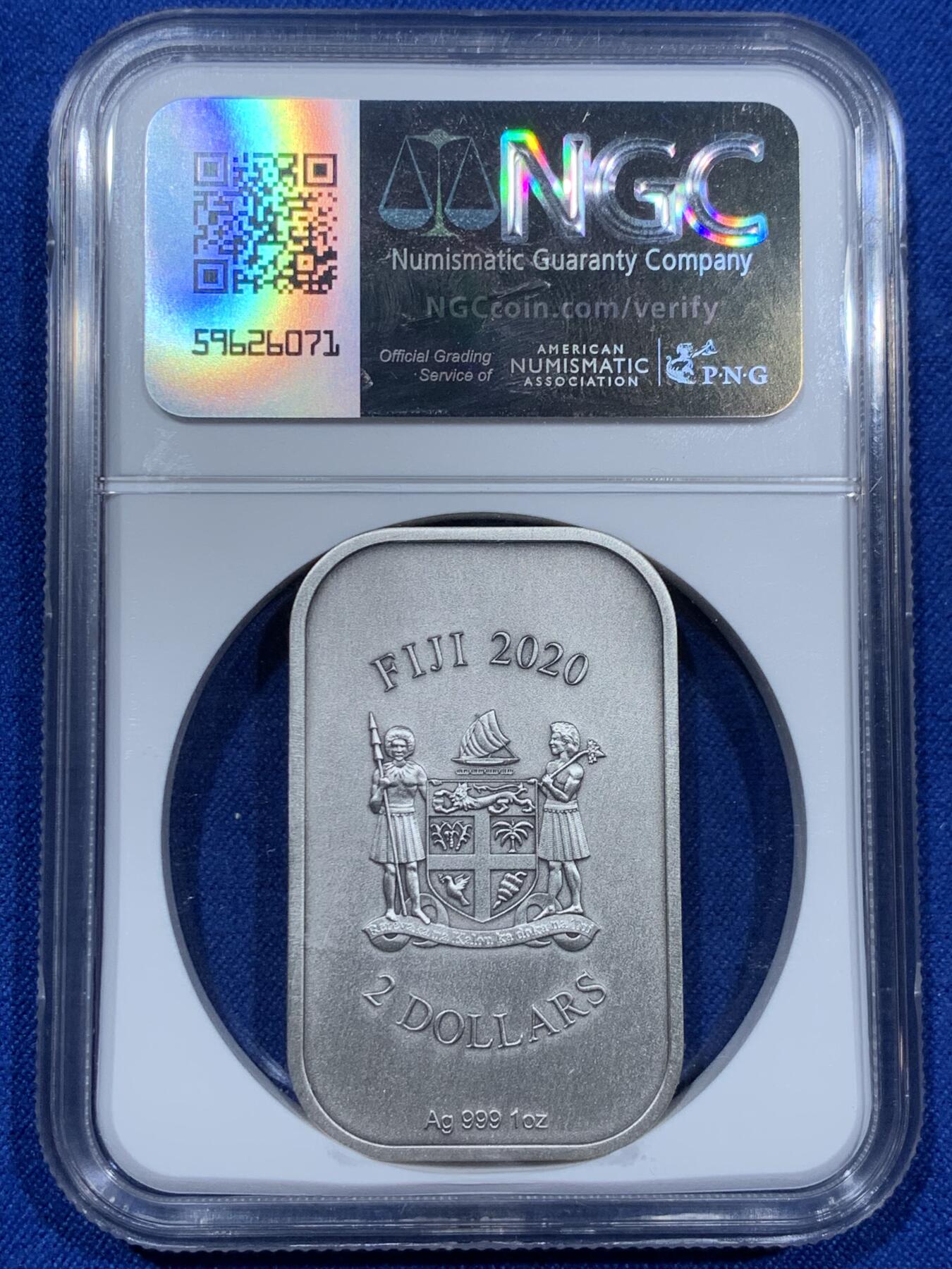 《竞宝斋》第343场 周日，周一，2场连拍 （全场包邮） NGC MS70ANTIQUED 斐济2020年敦煌石窟120周年2元银币 1盎司999银