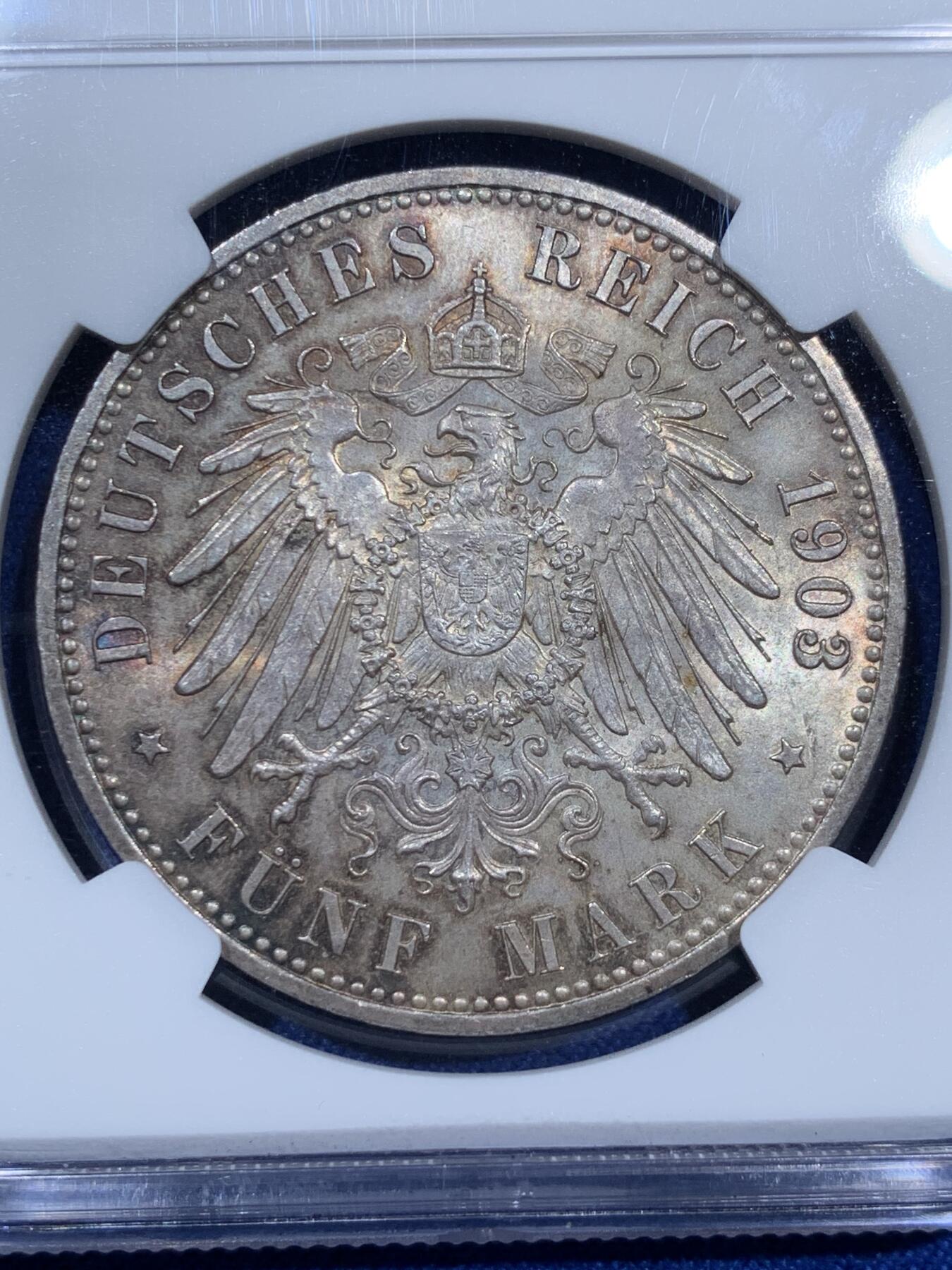 《竞宝斋》第343场 周日，周一，2场连拍 （全场包邮） NGC MS64 德国1903年萨克森-魏玛-阿森纳赫5马克银币
