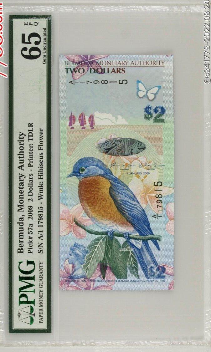 北极狼藏苑社（42）精品专场 1374-百慕大2元蓝鸟钞纸币获奖币2009年A1冠‘PMG65EPQ