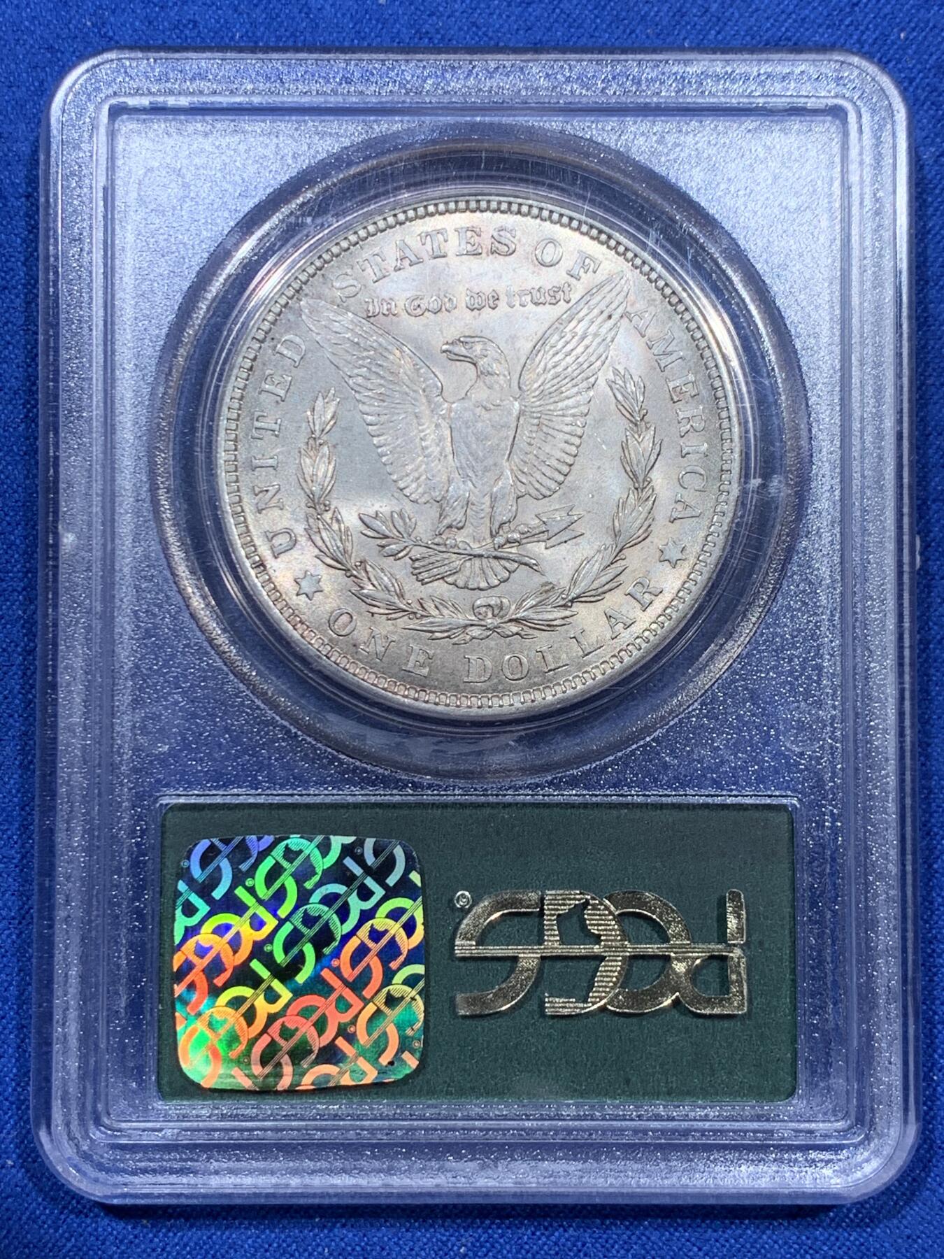 《竞宝斋》第343场 周日，周一，2场连拍 （全场包邮） PCGS MS63 美国1921年摩根银币，淡金色包浆转光美，经典7位数金标小绿盒