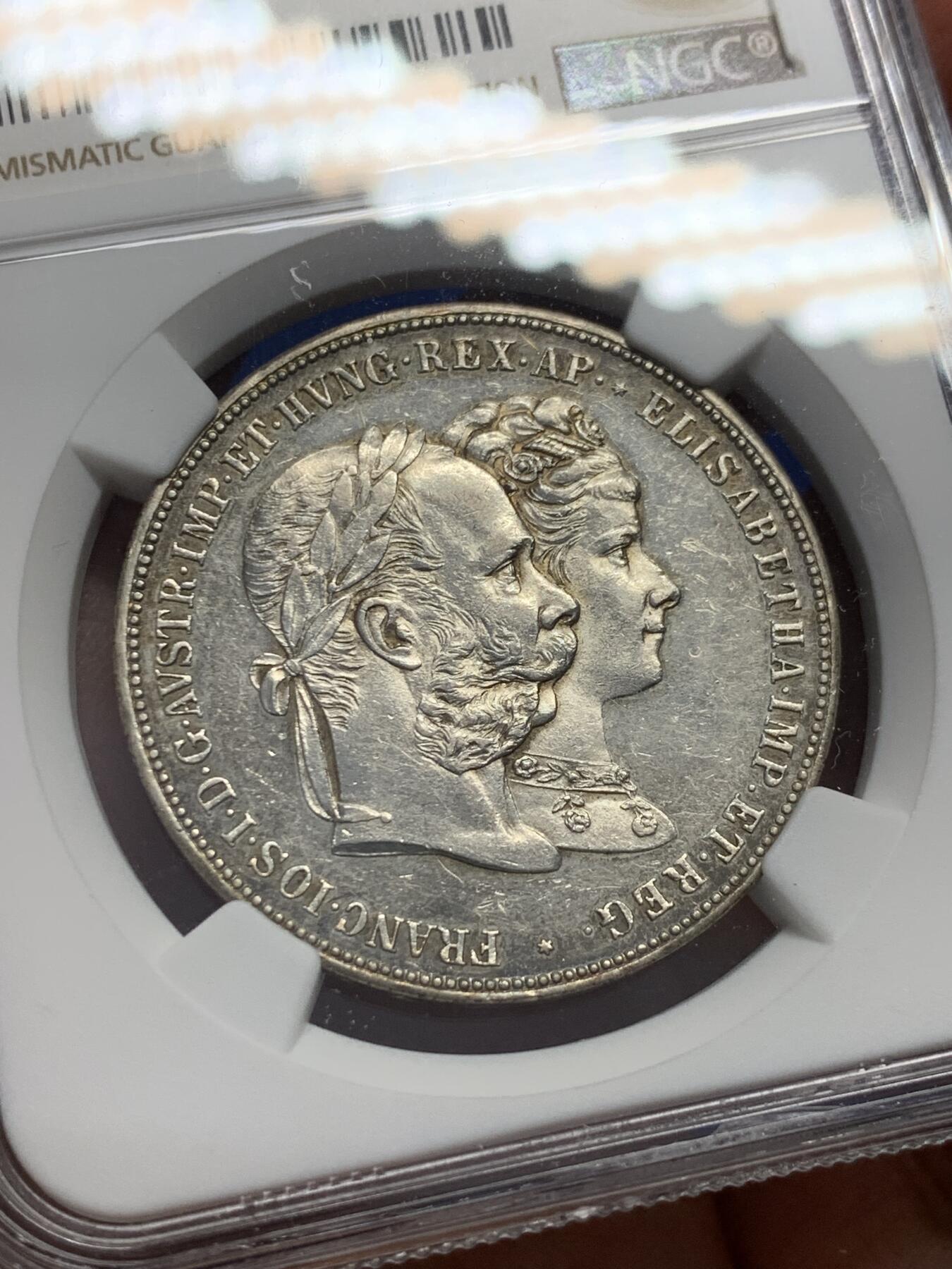 《竞宝斋》第343场 周日，周一，2场连拍 （全场包邮） NGC AU58 奥地利1879年弗朗茨约瑟夫与茜茜公主结婚纪念2佛罗林银币