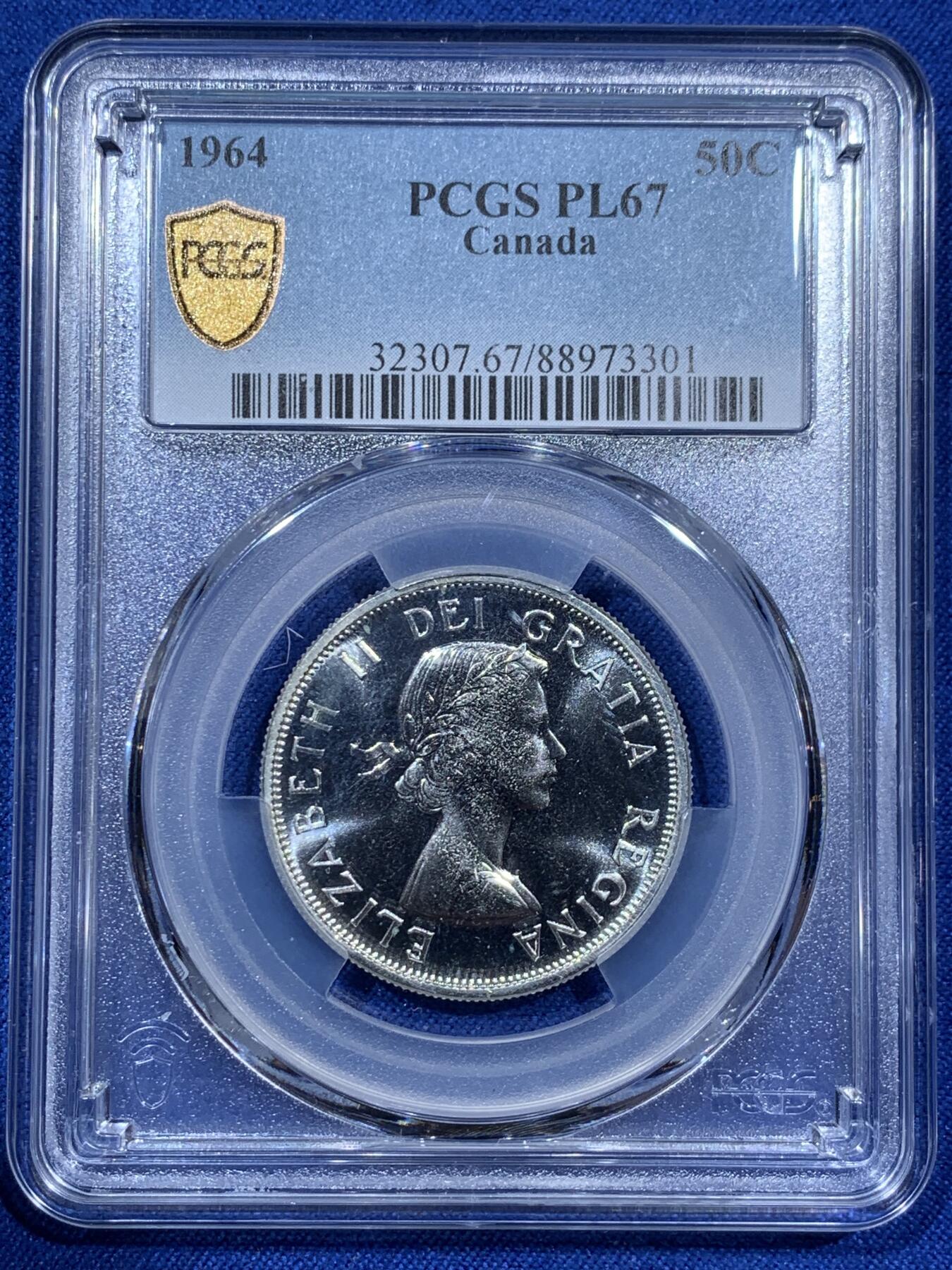 《竞宝斋》第343场 周日，周一，2场连拍 （全场包邮） PCGS PL67 加拿大1964年50分精制银币，高分好品，亚军分！