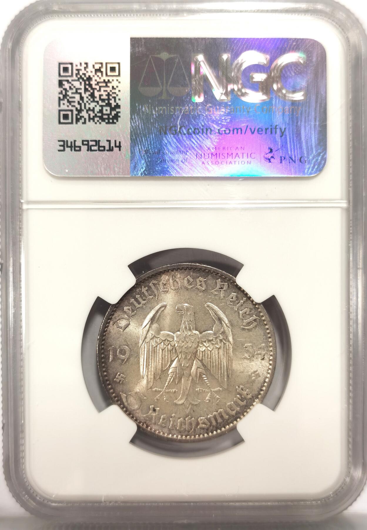 博洋堂世界钱币拍卖第106期（全场包邮） NGC MS62 德国第三帝国1934年A版教堂5马克银币