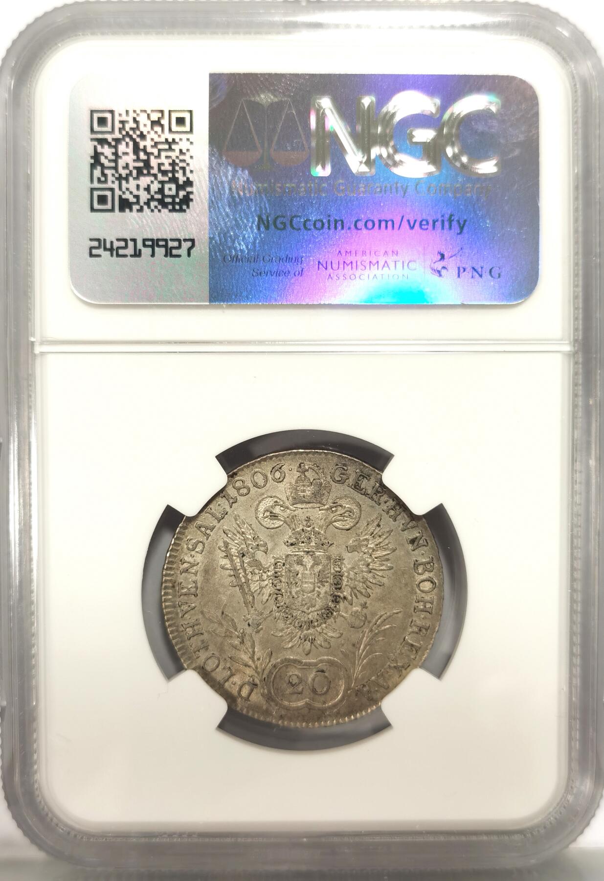 博洋堂世界钱币拍卖第106期（全场包邮） NGC AU58 神罗奥地利1806年弗兰茨二世20克鲁泽银币