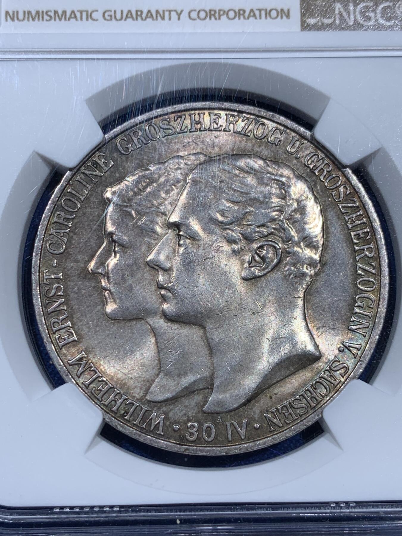《竞宝斋》第343场 周日，周一，2场连拍 （全场包邮） NGC MS64 德国1903年萨克森-魏玛-阿森纳赫5马克银币