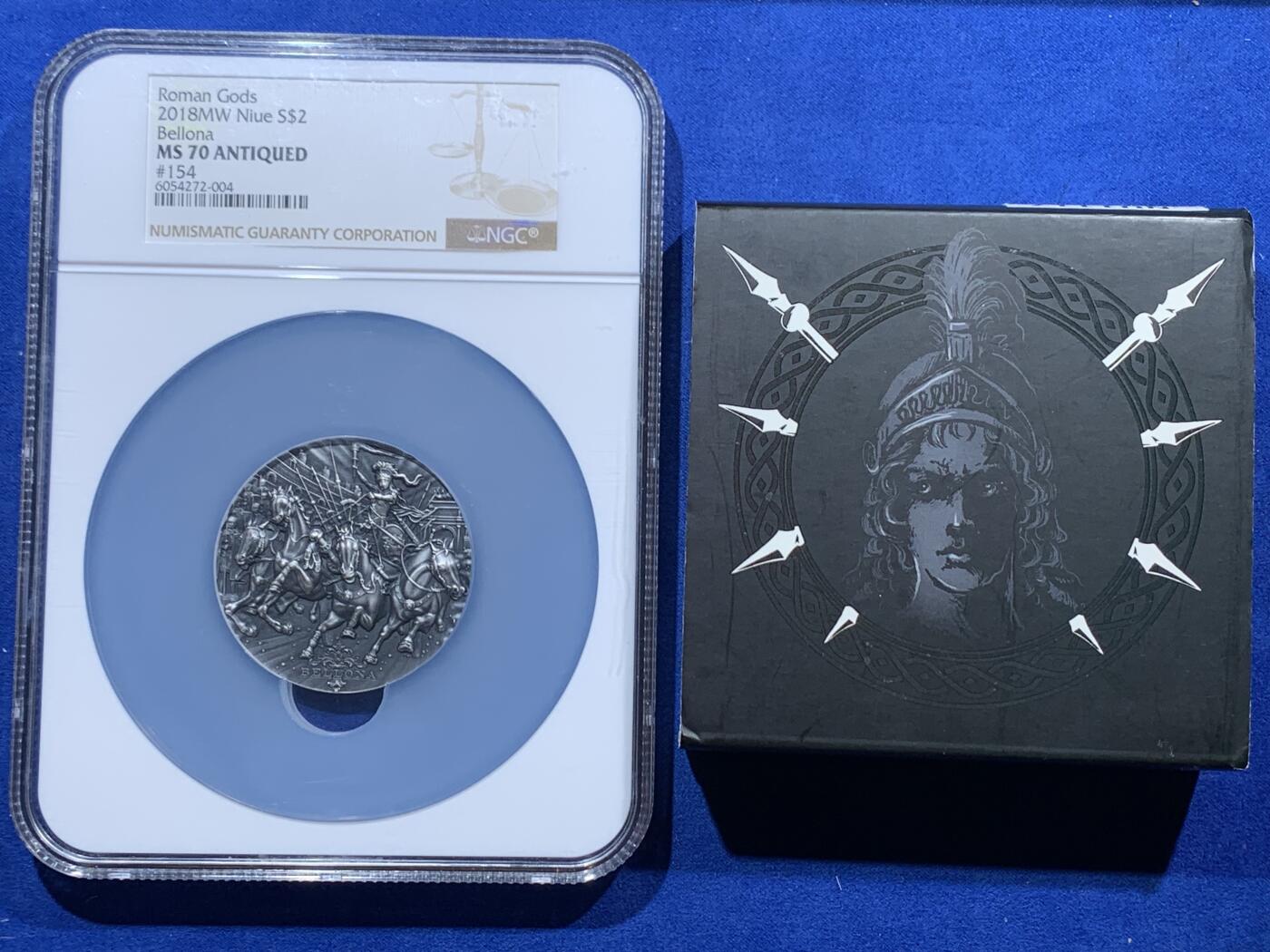 《竞宝斋》第343场 周日，周一，2场连拍 （全场包邮） NGC MS70ANTIQUED 纽埃2018年罗马众神系列—“贝罗娜”女战神，2盎司高浮雕仿古银币，满分70分，盒证齐全
