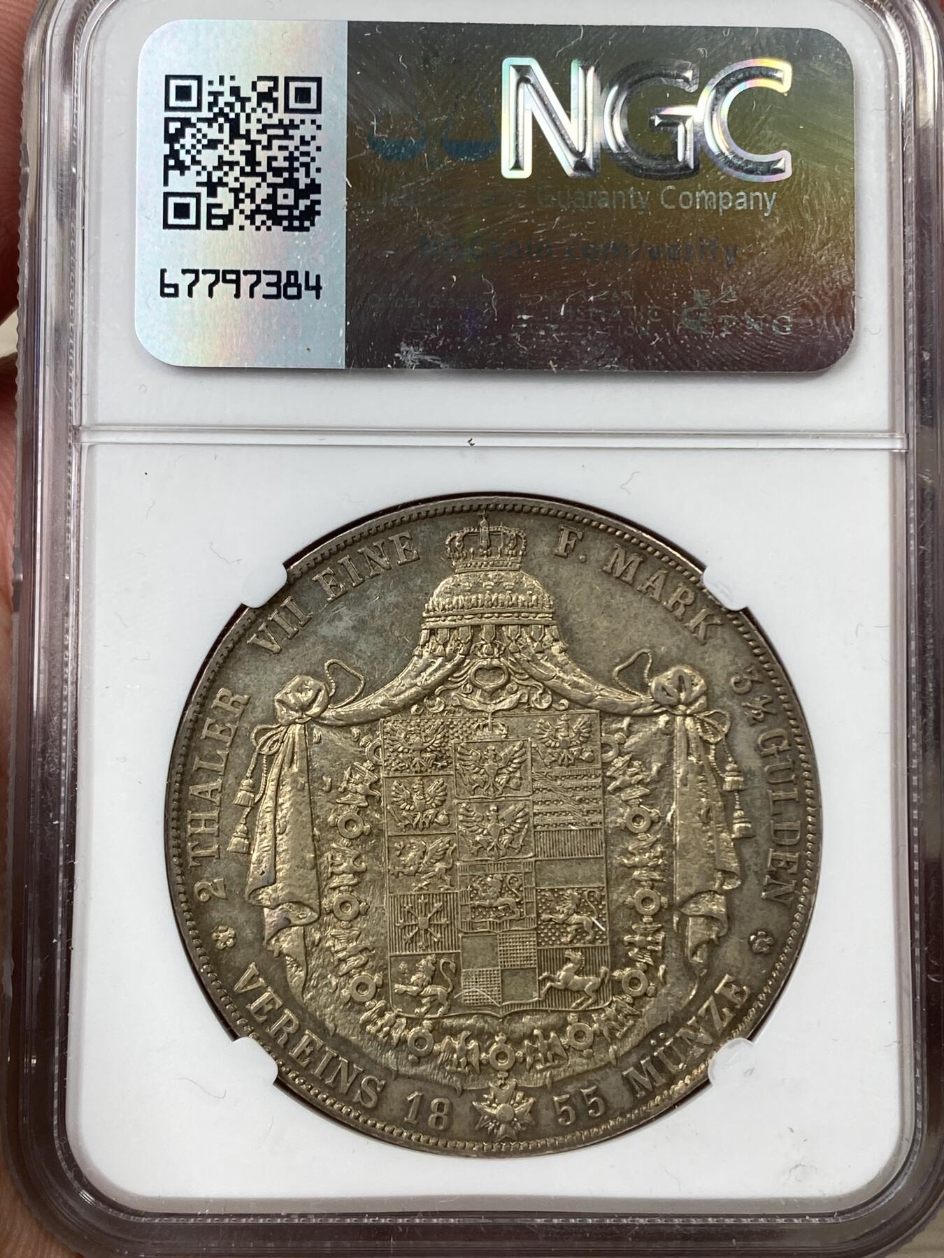 万国钱币拍卖第040期（万国2025新年大拍） NGC AU58 1855年德国普鲁士威廉四世大窗帘流通2泰勒 经典普鲁士洋葱头2T 德式原味淡彩 状态极为难得