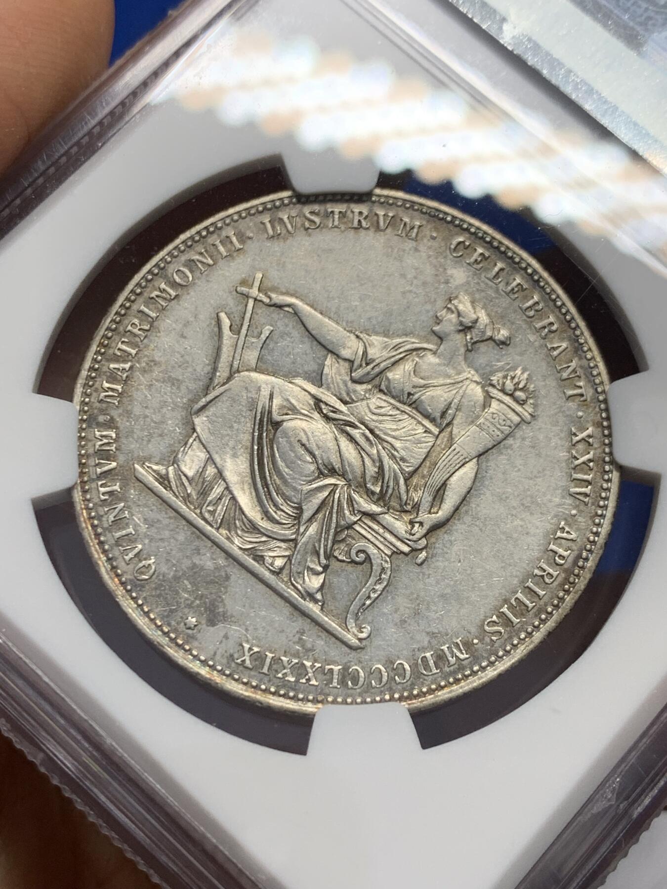 《竞宝斋》第343场 周日，周一，2场连拍 （全场包邮） NGC AU58 奥地利1879年弗朗茨约瑟夫与茜茜公主结婚纪念2佛罗林银币