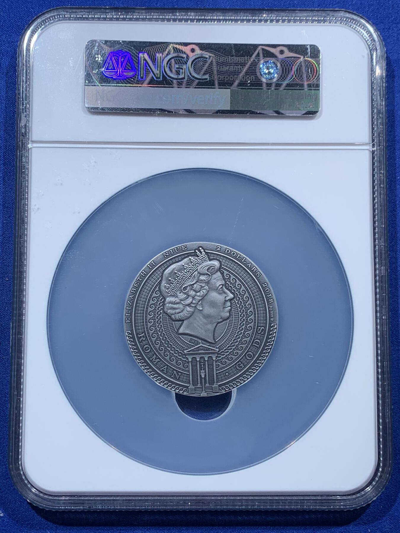 《竞宝斋》第343场 周日，周一，2场连拍 （全场包邮） NGC MS70ANTIQUED 纽埃2018年罗马众神系列—“贝罗娜”女战神，2盎司高浮雕仿古银币，满分70分，盒证齐全